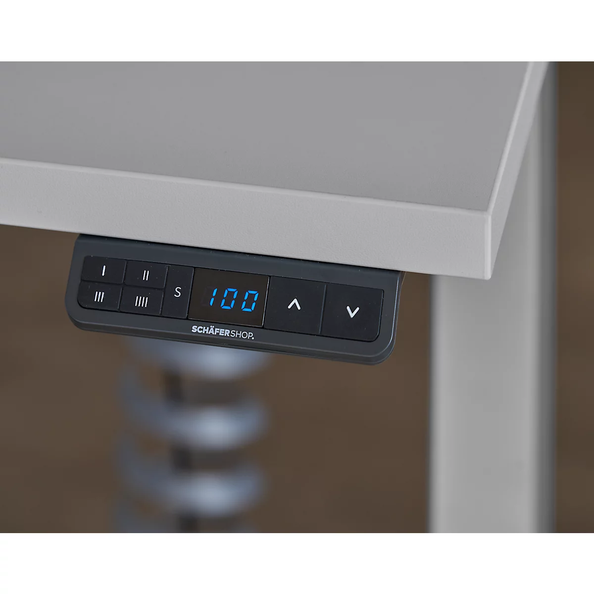 Schäfer Shop Genius Schreibtisch AERO FLEX, elektrisch höhenverstellbar, Rechteck, C-Fuß, B 1600 mm, Ahorn/schwarz + Memorypanel