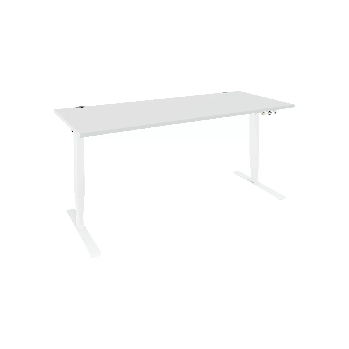 Schäfer Shop Genius Schreibtisch AERO FLEX, elektrisch höhenverstellbar, Rechteck, T-Fuß, B 1600 mm, lichtgrau/weißalu + Memorypanel