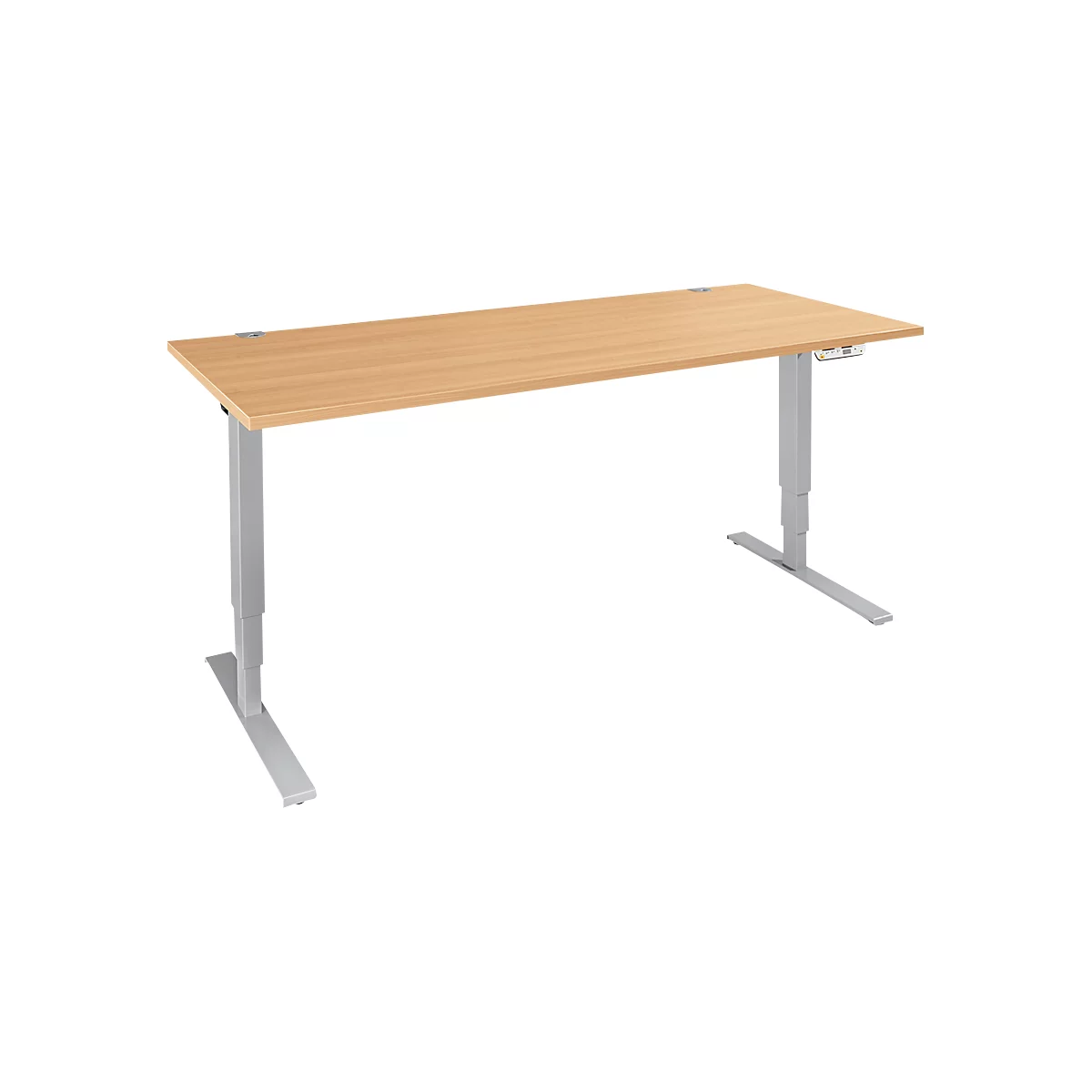 Schäfer Shop Genius Schreibtisch AERO FLEX, elektrisch höhenverstellbar, Rechteck, T-Fuß, B 1600 x T 800 x H 620-1280 mm, Buche/weißalu