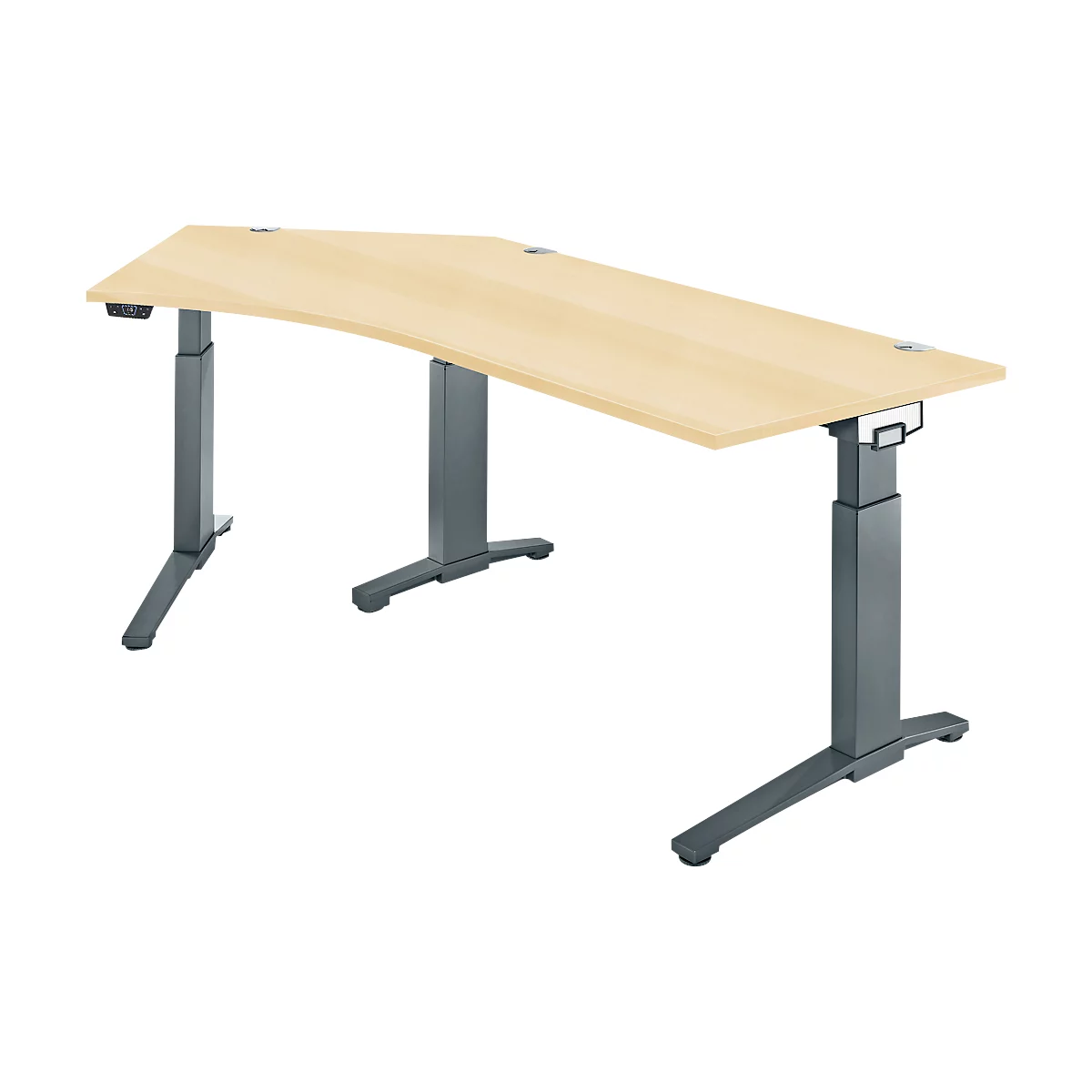 Schäfer Shop Genius Schreibtisch ERGOSTYLE S, 135°, einstufig, elektrisch höhenverstellbar, Ansatz links, C-Fuß, B 2165 x T 800 x H 715-1182 mm, inkl. Memory Master, Ahorn/anthrazit