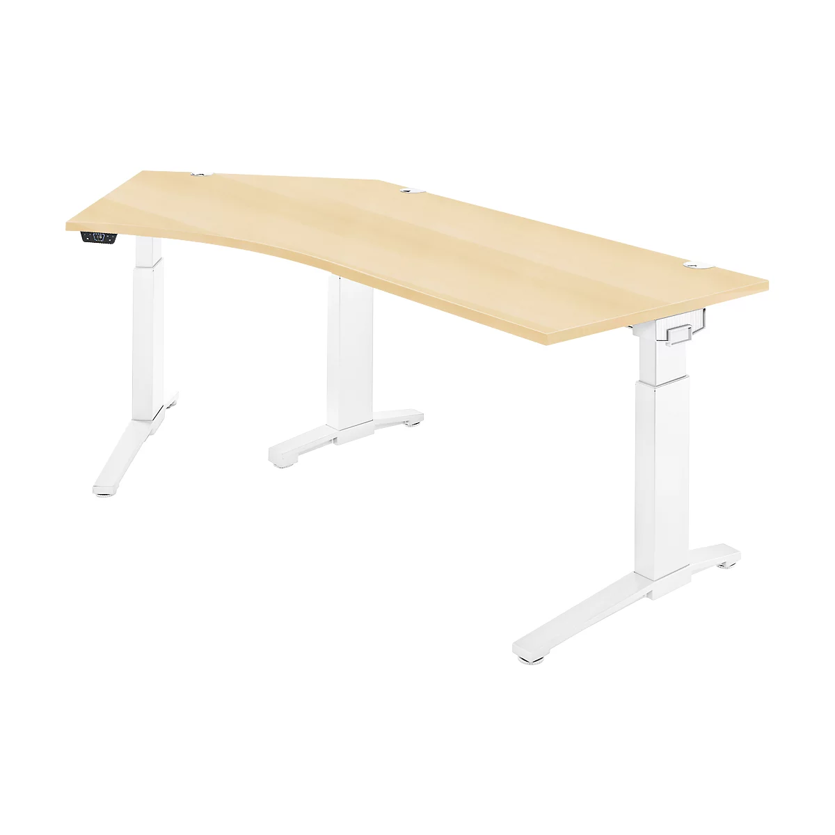 Schäfer Shop Genius Schreibtisch ERGOSTYLE S, 135°, einstufig, elektrisch höhenverstellbar, Ansatz links, C-Fuß, B 2165 x T 800 x H 715-1182 mm, inkl. Memory Master, Ahorn/weiß