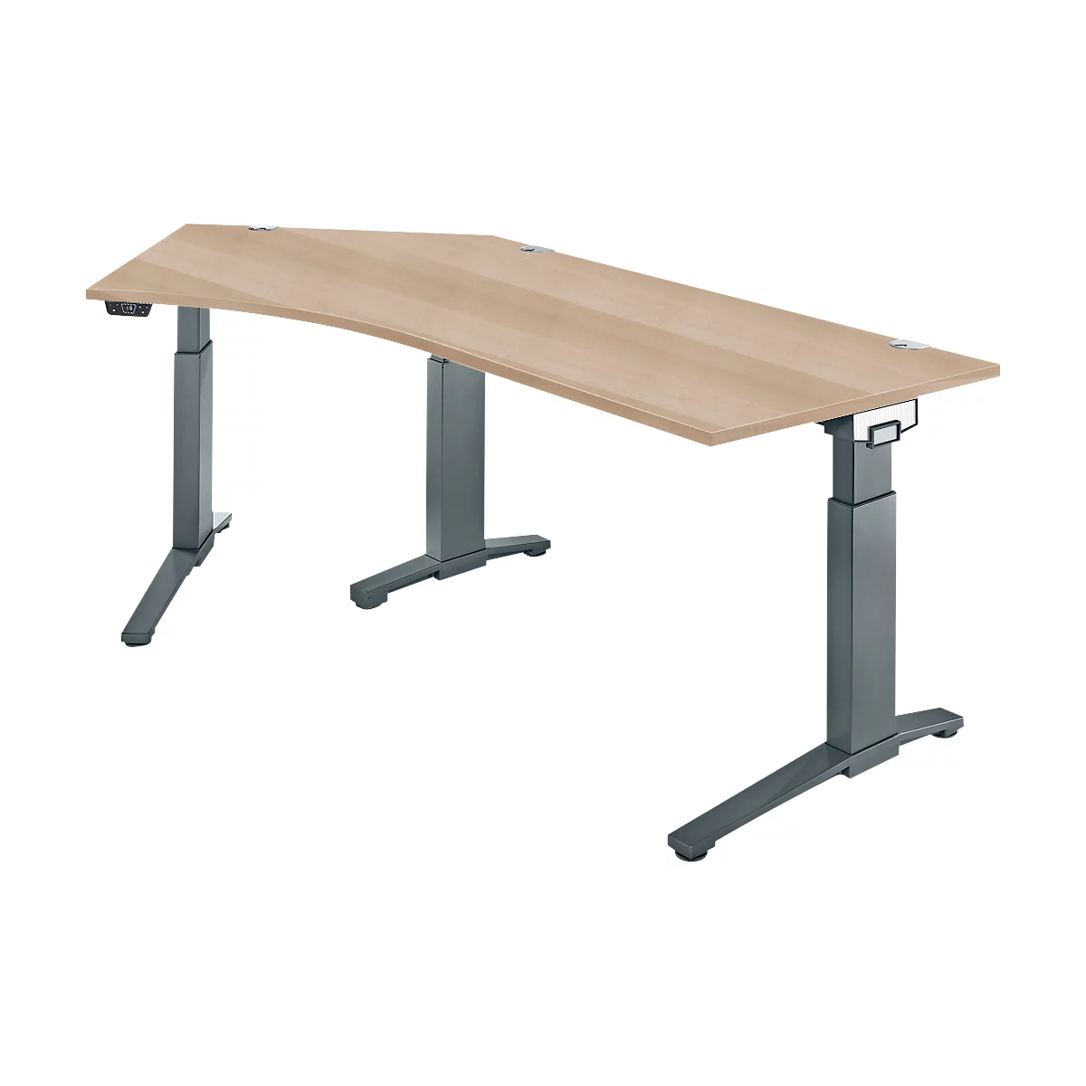 Schäfer Shop Genius Schreibtisch ERGOSTYLE S, 135°, einstufig, elektrisch höhenverstellbar, Ansatz links, C-Fuß, B 2165 x T 800 x H 715-1182 mm, inkl. Memory Master, Eiche/anthrazit