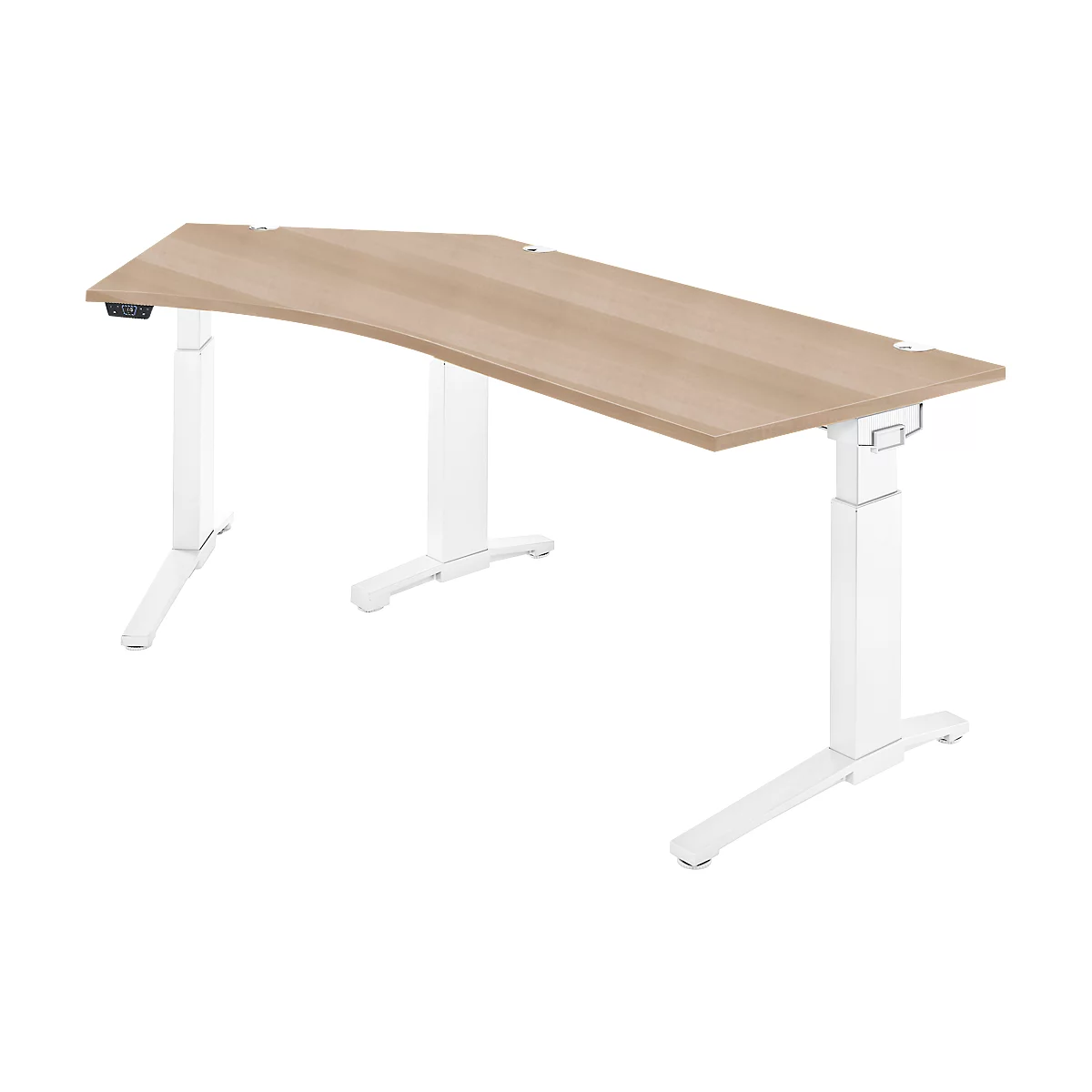 Schäfer Shop Genius Schreibtisch ERGOSTYLE S, 135°, einstufig, elektrisch höhenverstellbar, Ansatz links, C-Fuß, B 2165 x T 800 x H 715-1182 mm, inkl. Memory Master, Eiche/weiß
