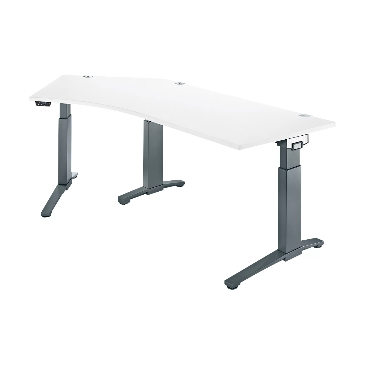 Schäfer Shop Genius Schreibtisch ERGOSTYLE S, 135°, einstufig, elektrisch höhenverstellbar, Ansatz links, C-Fuß, B 2165 x T 800 x H 715-1182 mm, inkl. Memory Master, weiß/anthrazit