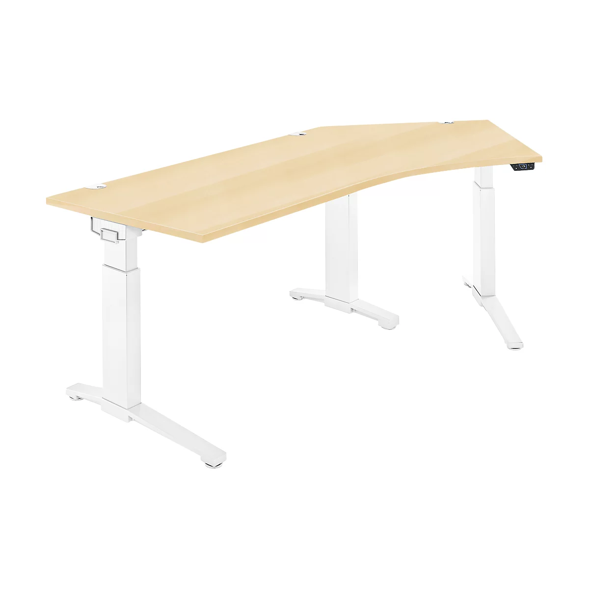 Schäfer Shop Genius Schreibtisch ERGOSTYLE S, 135°, einstufig, elektrisch höhenverstellbar, Ansatz rechts, C-Fuß, B 2165 x T 800 x H 715-1182 mm, inkl. Memory Master, Ahorn/weiß