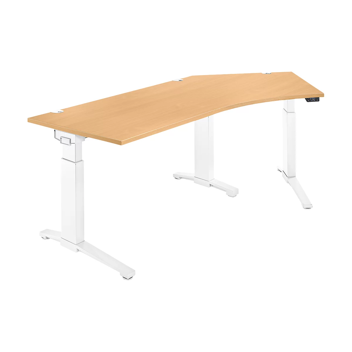 Schäfer Shop Genius Schreibtisch ERGOSTYLE S, 135°, einstufig, elektrisch höhenverstellbar, Ansatz rechts, C-Fuß, B 2165 x T 800 x H 715-1182 mm, inkl. Memory Master, Buche/weiß