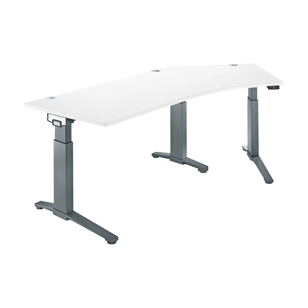 Weißer, ergonomischer Schreibtisch mit grauem Gestell und höhenverstellbaren Füßen.