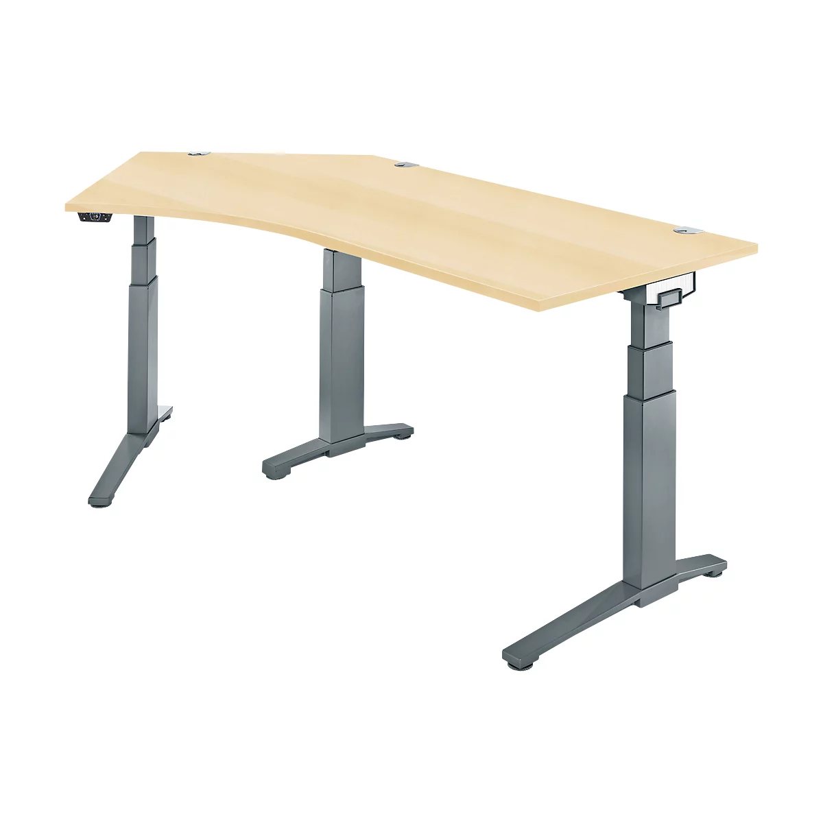 Schäfer Shop Genius Schreibtisch ERGOSTYLE S, 135°, elektrisch höhenverstellbar, Ansatz links, zweistufig, C-Fuß, B 2165 x T 800 x H 645-1305 mm, inkl. Memory Master, Ahorn/anthrazit