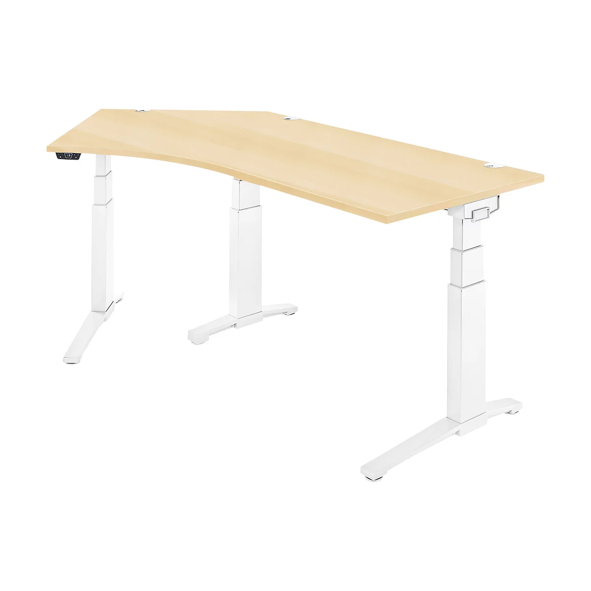 Schäfer Shop Genius Schreibtisch ERGOSTYLE S, 135°, elektrisch höhenverstellbar, Ansatz links, zweistufig, C-Fuß, B 2165 x T 800 x H 645-1305 mm, inkl. Memory Master, Ahorn/weiß