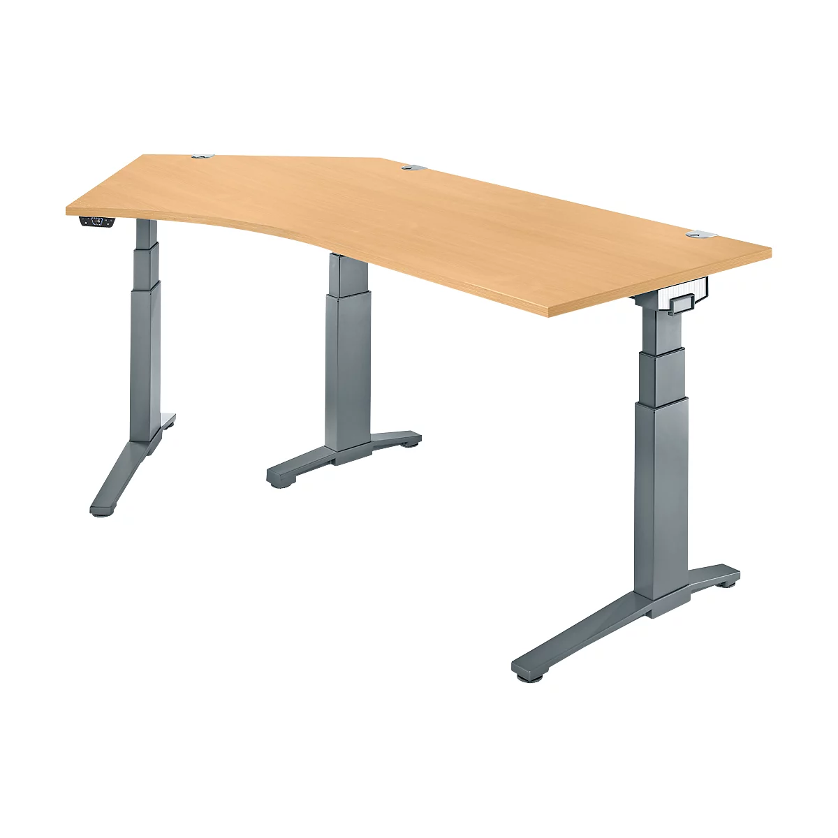 Schäfer Shop Genius Schreibtisch ERGOSTYLE S, 135°, elektrisch höhenverstellbar, Ansatz links, zweistufig, C-Fuß, B 2165 x T 800 x H 645-1305 mm, inkl. Memory Master, Buche/anthrazit