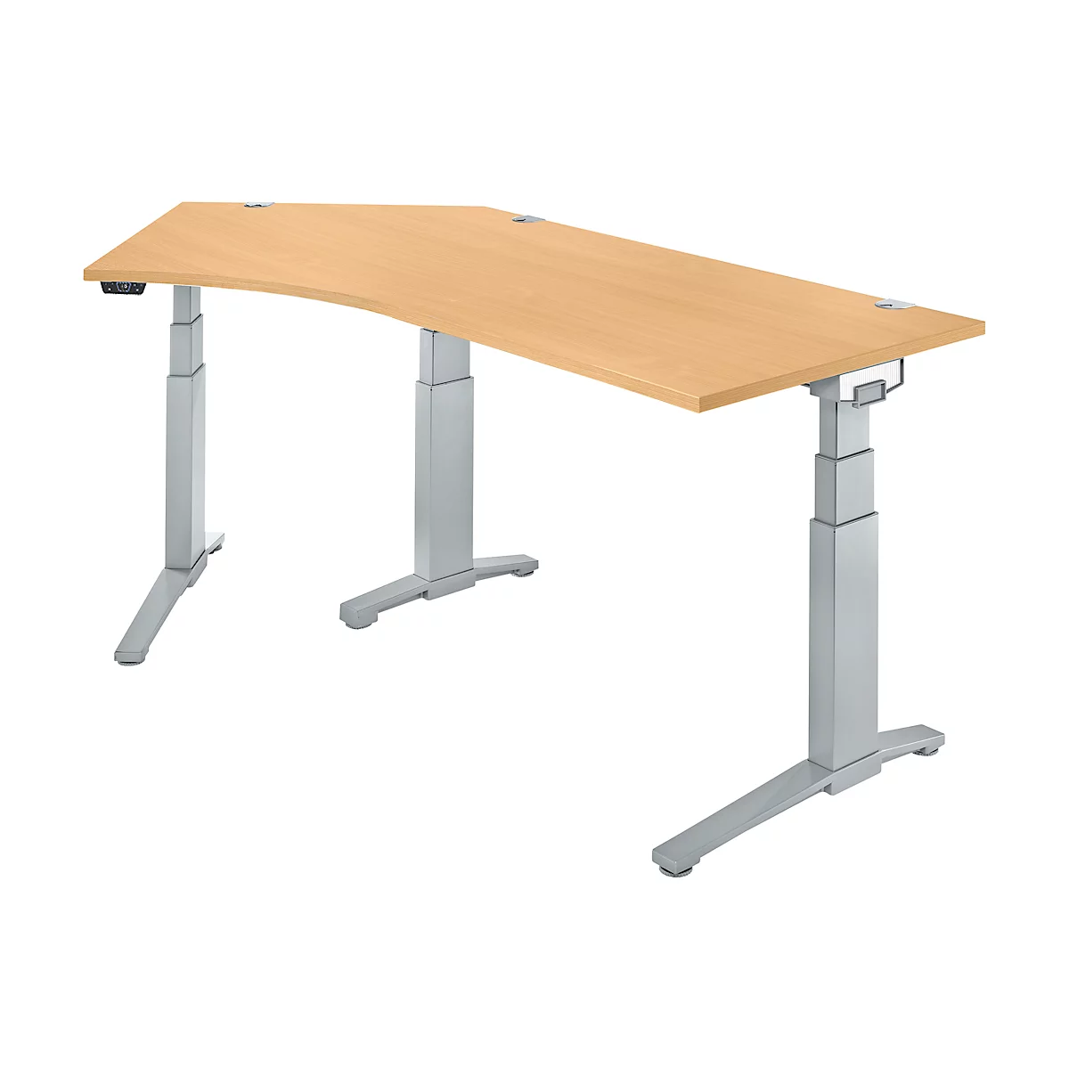 Schäfer Shop Genius Schreibtisch ERGOSTYLE S, 135°, elektrisch höhenverstellbar, Ansatz links, zweistufig, C-Fuß, B 2165 x T 800 x H 645-1305 mm, inkl. Memory Master, Buche/weißaluminium
