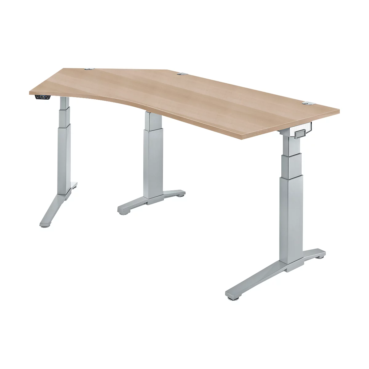 Schäfer Shop Genius Schreibtisch ERGOSTYLE S, 135°, elektrisch höhenverstellbar, Ansatz links, zweistufig, C-Fuß, B 2165 x T 800 x H 645-1305 mm, inkl. Memory Master, Eiche/weißaluminium