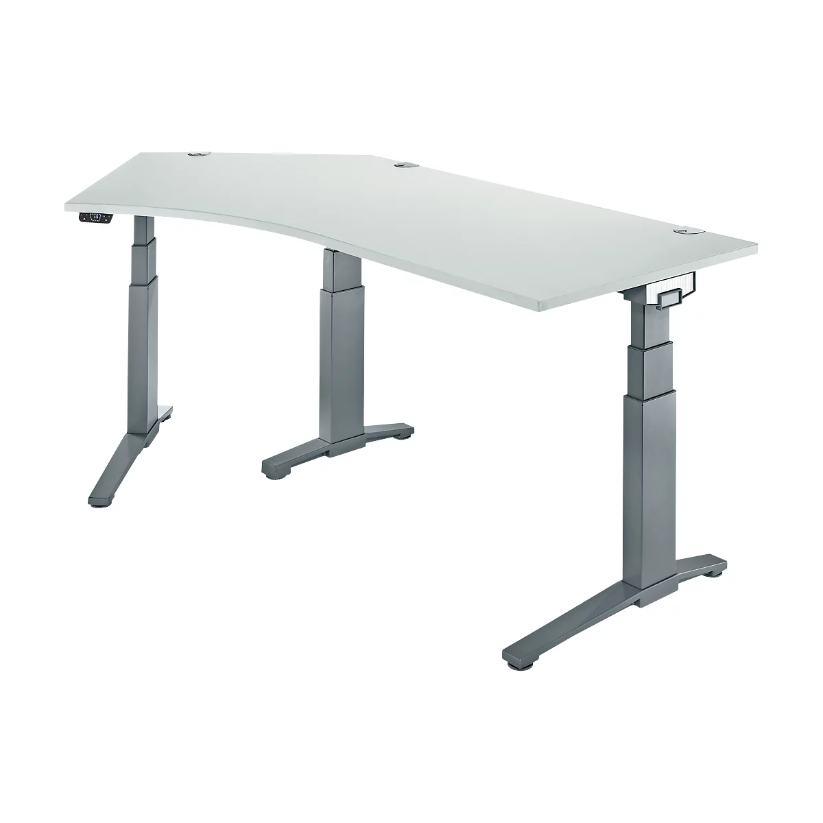 Schäfer Shop Genius Schreibtisch ERGOSTYLE S, 135°, elektrisch höhenverstellbar, Ansatz links, zweistufig, C-Fuß, B 2165 x T 800 x H 645-1305 mm, inkl. Memory Master, lichtgrau/anthrazit
