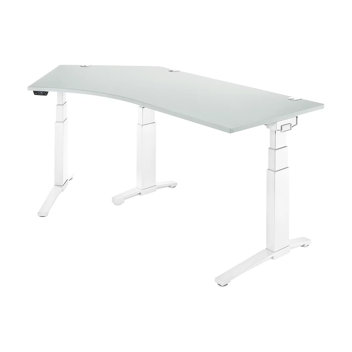Schäfer Shop Genius Schreibtisch ERGOSTYLE S, 135°, elektrisch höhenverstellbar, Ansatz links, zweistufig, C-Fuß, B 2165 x T 800 x H 645-1305 mm, inkl. Memory Master, lichtgrau/weiß
