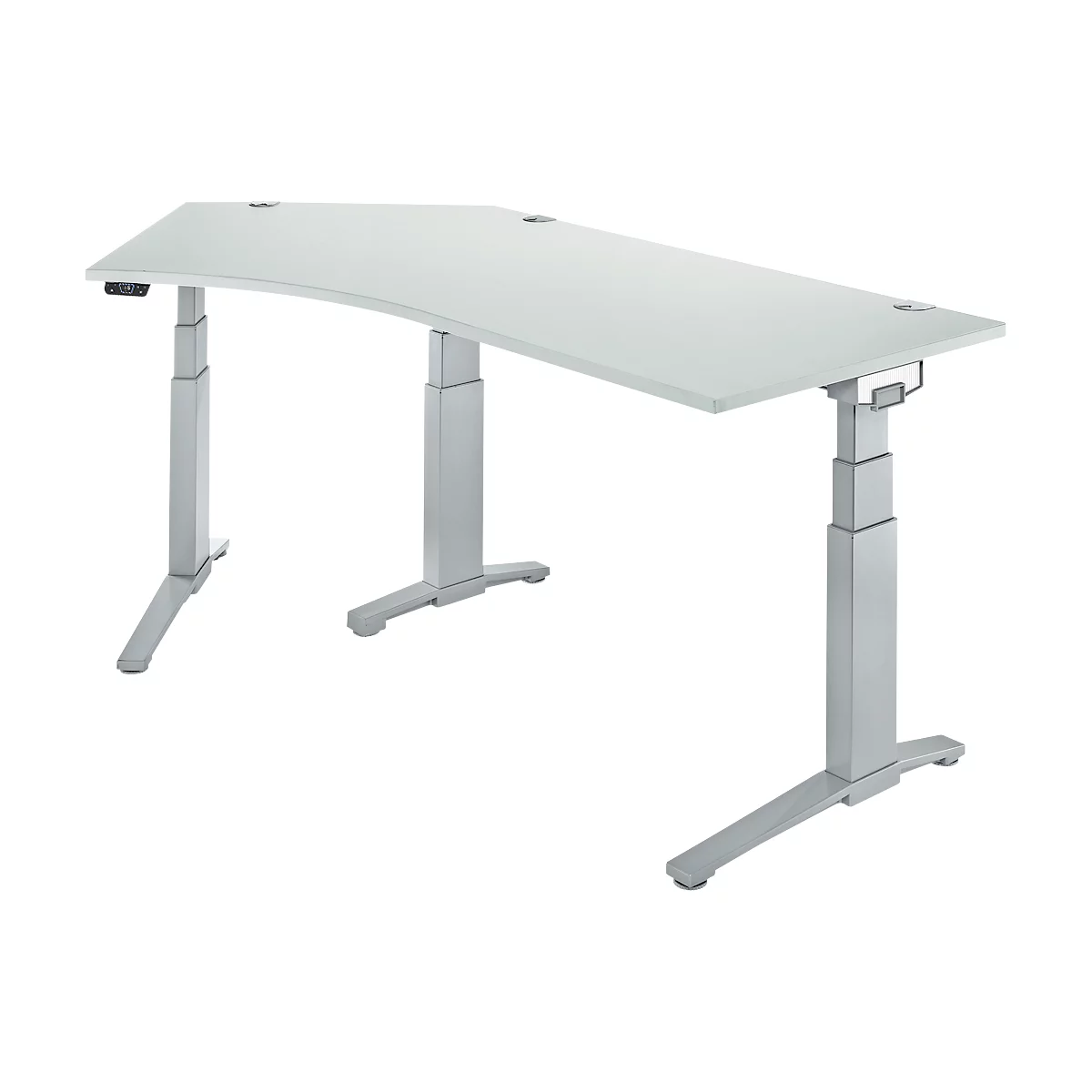 Schäfer Shop Genius Schreibtisch ERGOSTYLE S, 135°, elektrisch höhenverstellbar, Ansatz links, zweistufig, C-Fuß, B 2165 x T 800 x H 645-1305 mm, inkl. Memory Master, lichtgrau/weißaluminium