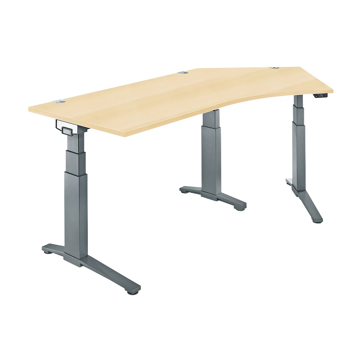 Schäfer Shop Genius Schreibtisch ERGOSTYLE S, 135°, elektrisch höhenverstellbar, Ansatz rechts, zweistufig, C-Fuß, B 2165 x T 800 x H 645-1305 mm, inkl. Memory Master, Ahorn/anthrazit