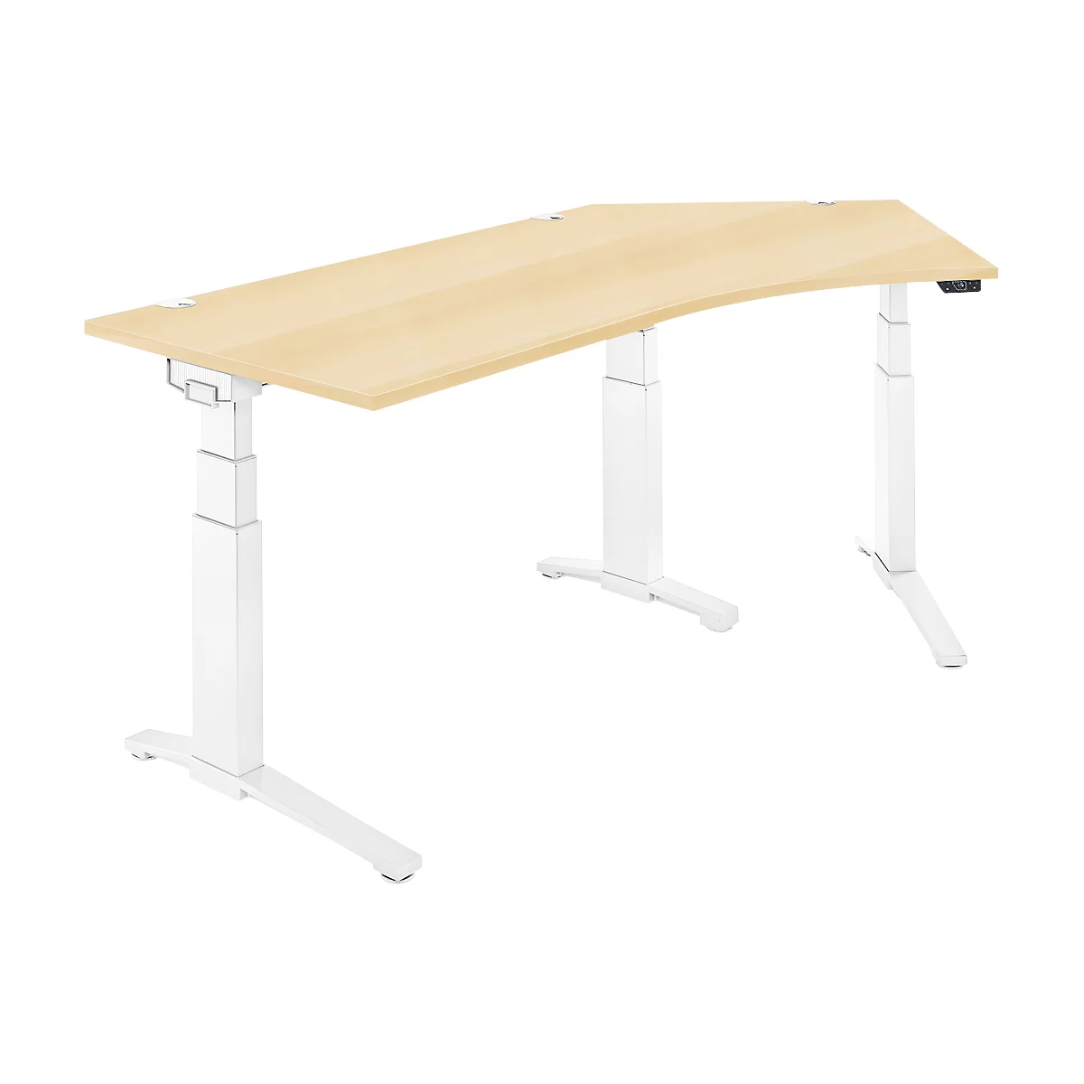 Schäfer Shop Genius Schreibtisch ERGOSTYLE S, 135°, elektrisch höhenverstellbar, Ansatz rechts, zweistufig, C-Fuß, B 2165 x T 800 x H 645-1305 mm, inkl. Memory Master, Ahorn/weiß