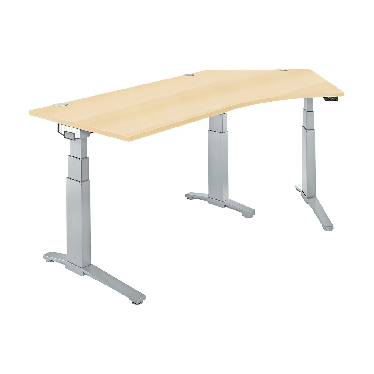 Schäfer Shop Genius Schreibtisch ERGOSTYLE S, 135°, elektrisch höhenverstellbar, Ansatz rechts, zweistufig, C-Fuß, B 2165 x T 800 x H 645-1305 mm, inkl. Memory Master, Ahorn/weißaluminium