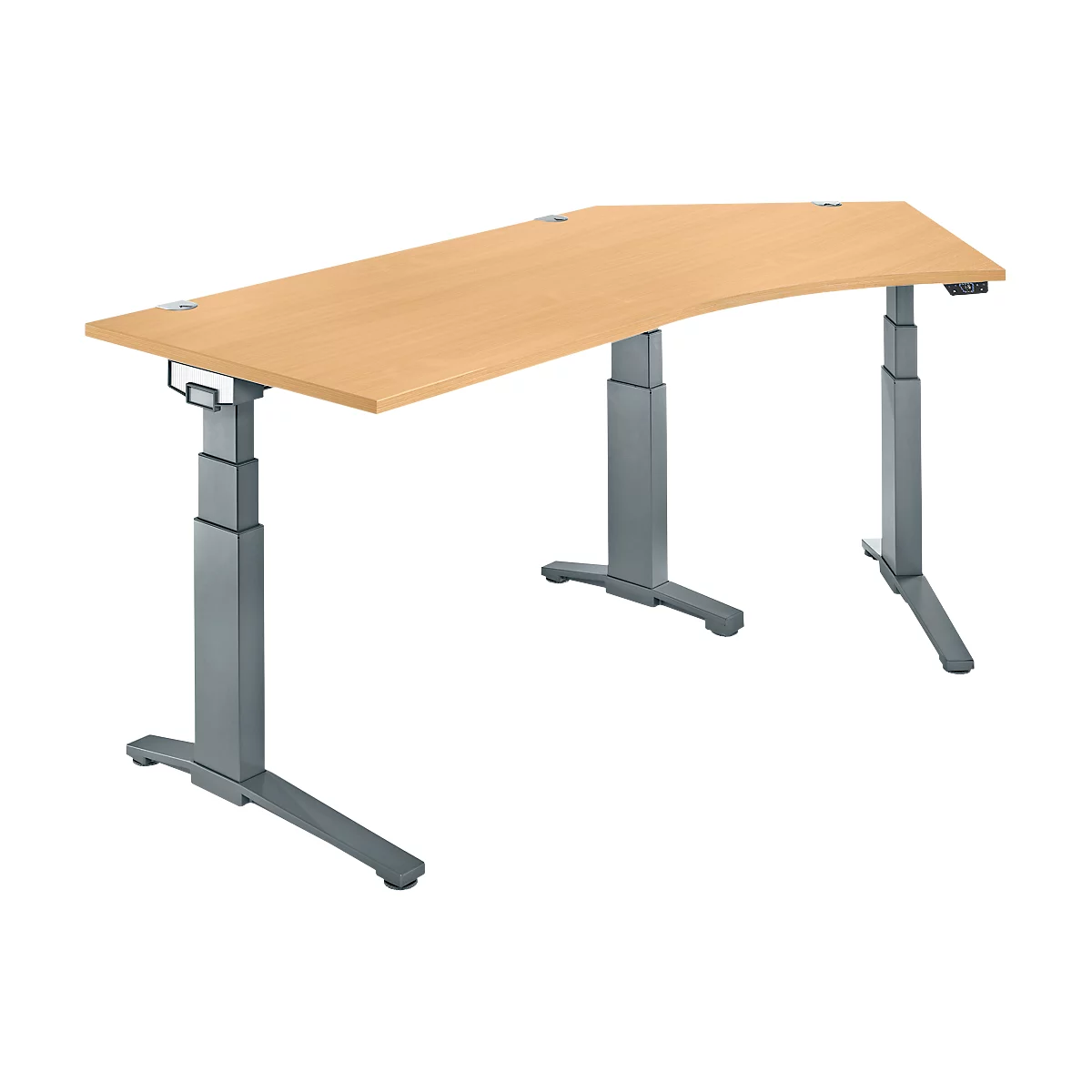 Schäfer Shop Genius Schreibtisch ERGOSTYLE S, 135°, elektrisch höhenverstellbar, Ansatz rechts, zweistufig, C-Fuß, B 2165 x T 800 x H 645-1305 mm, inkl. Memory Master, Buche/anthrazit