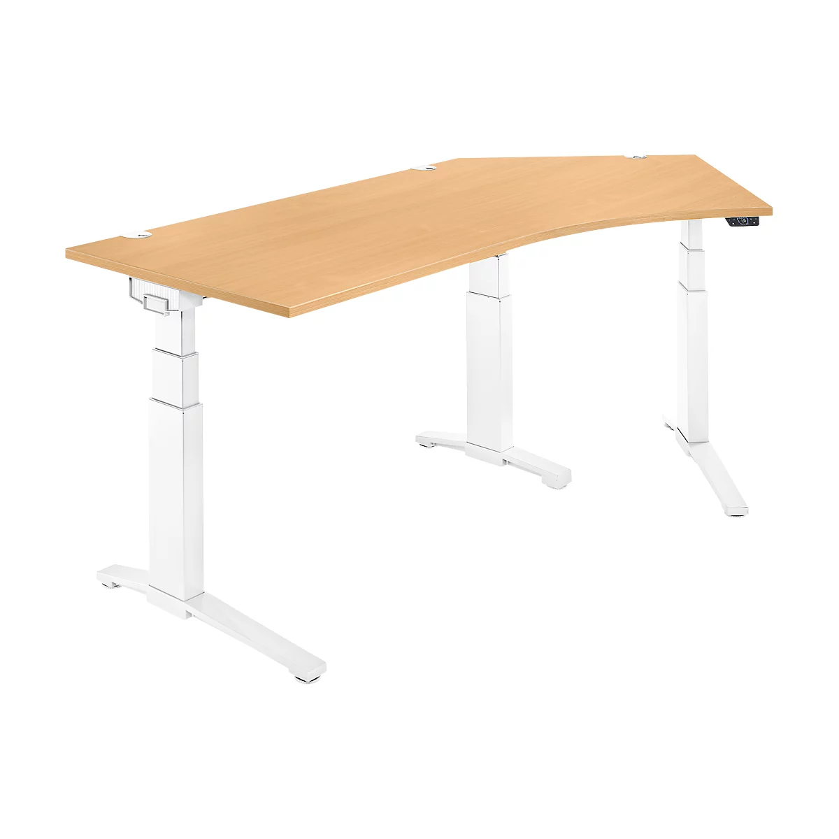 Schäfer Shop Genius Schreibtisch ERGOSTYLE S, 135°, elektrisch höhenverstellbar, Ansatz rechts, zweistufig, C-Fuß, B 2165 x T 800 x H 645-1305 mm, inkl. Memory Master, Buche/weiß