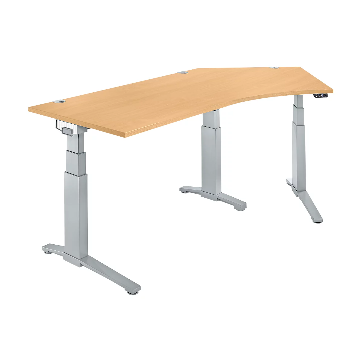 Schäfer Shop Genius Schreibtisch ERGOSTYLE S, 135°, elektrisch höhenverstellbar, Ansatz rechts, zweistufig, C-Fuß, B 2165 x T 800 x H 645-1305 mm, inkl. Memory Master, Buche/weißaluminium