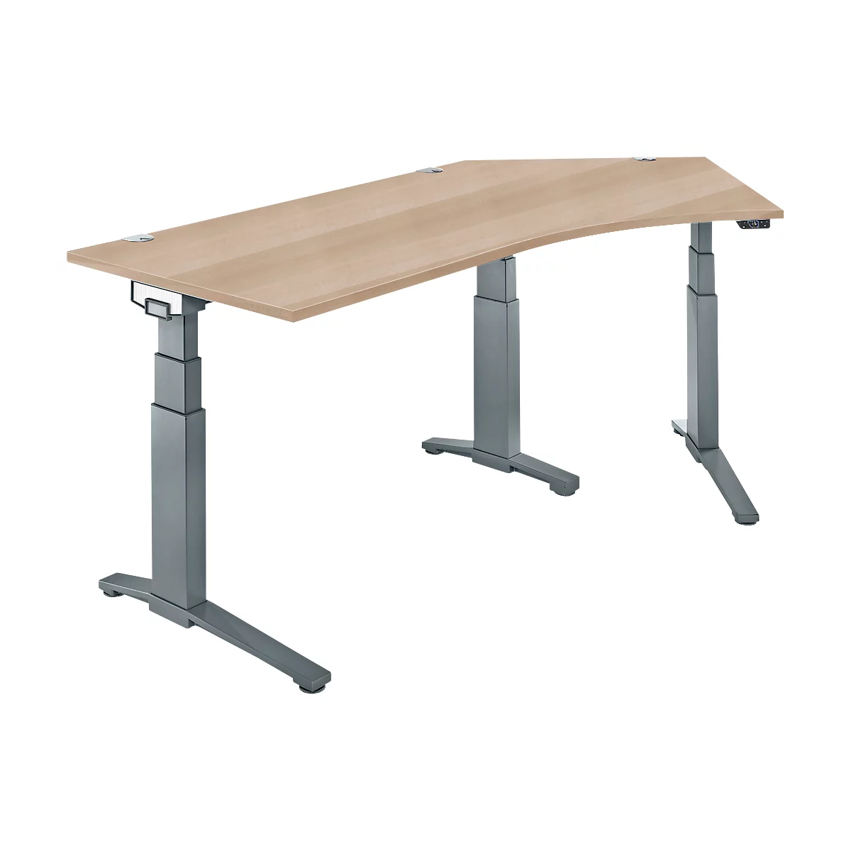 Schäfer Shop Genius Schreibtisch ERGOSTYLE S, 135°, elektrisch höhenverstellbar, Ansatz rechts, zweistufig, C-Fuß, B 2165 x T 800 x H 645-1305 mm, inkl. Memory Master, Eiche/anthrazit