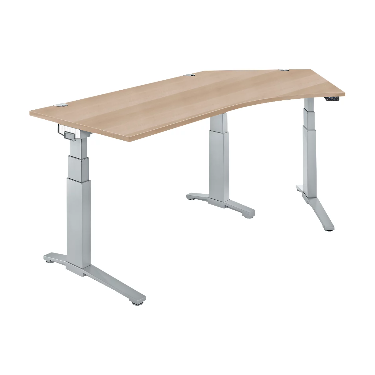 Schäfer Shop Genius Schreibtisch ERGOSTYLE S, 135°, elektrisch höhenverstellbar, Ansatz rechts, zweistufig, C-Fuß, B 2165 x T 800 x H 645-1305 mm, inkl. Memory Master, Eiche/weißaluminium