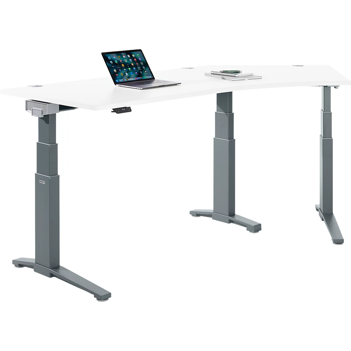 Schäfer Shop Genius Schreibtisch ERGOSTYLE S, 135°, elektrisch höhenverstellbar, Ansatz rechts, zweistufig, C-Fuß, B 2165 x T 800 x H 645-1305 mm, inkl. Memory Master, weiß/anthrazit