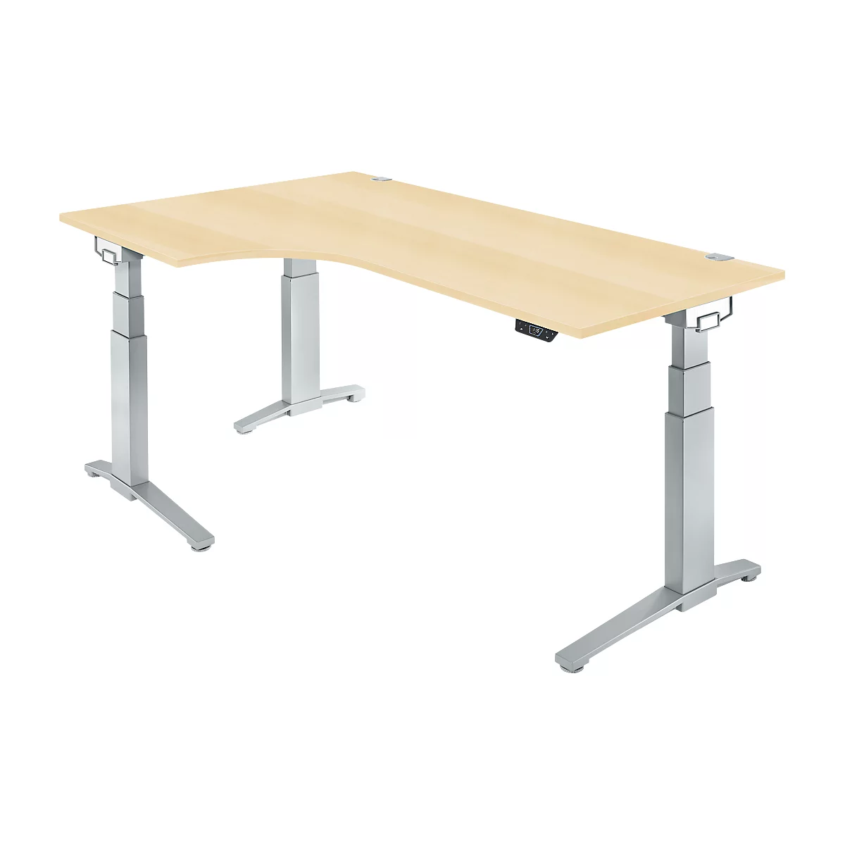 Schäfer Shop Genius Schreibtisch ERGOSTYLE S, 90°, Ansatz links, elektrisch höhenverstellbar, C-Fuß, zweistufig, B 2000 x T 800 x H 645-1305 mm, inkl. Memory Master, Ahorn-Dekor/weißaluminium
