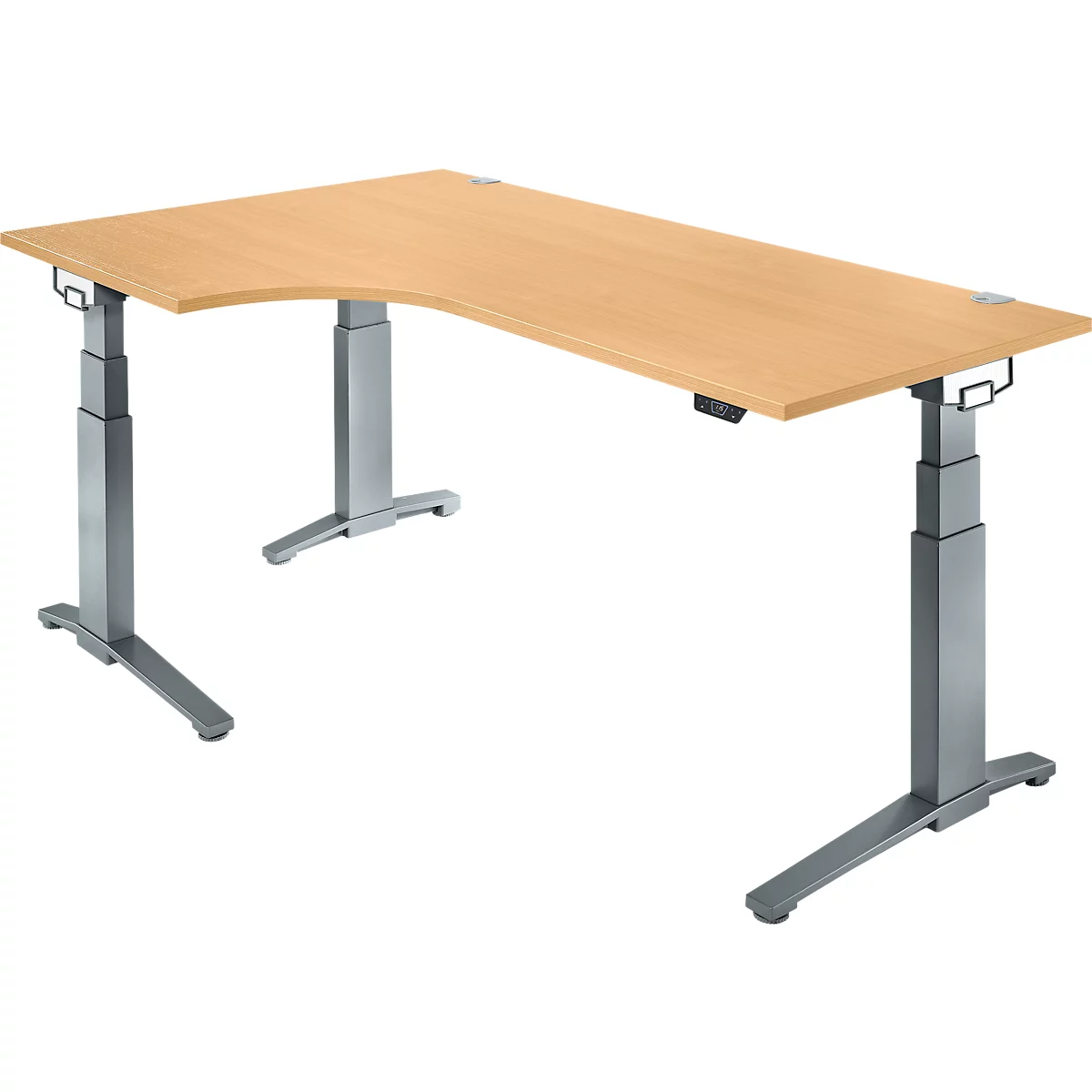 Schäfer Shop Genius Schreibtisch ERGOSTYLE S, 90°, Ansatz links, elektrisch höhenverstellbar, C-Fuß, zweistufig, B 2000 x T 800 x H 645-1305 mm, inkl. Memory Master, Buche/anthrazit