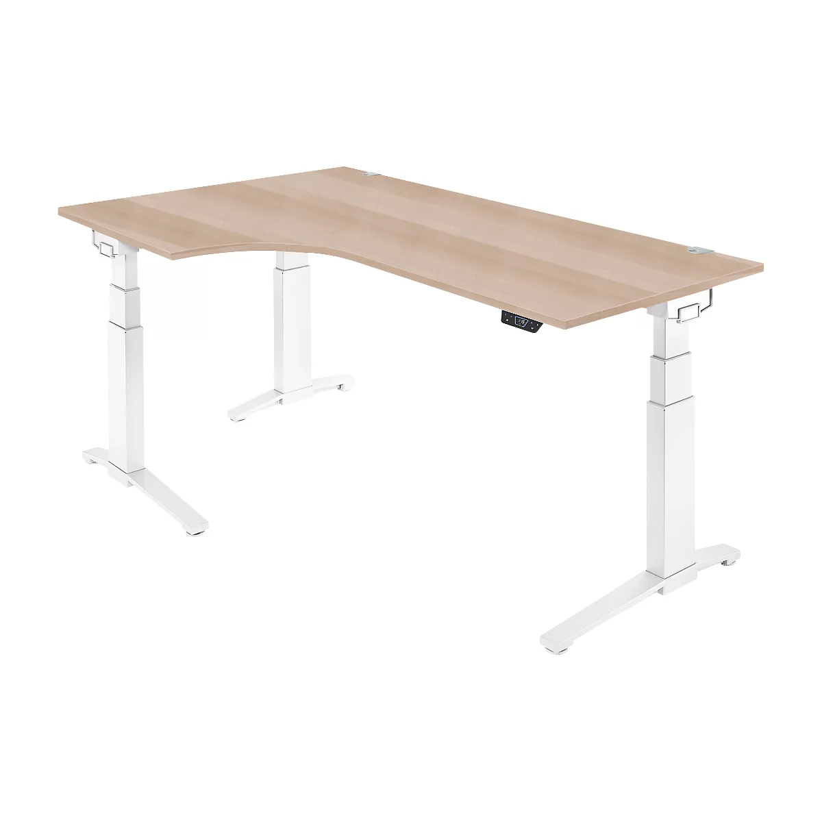 Schäfer Shop Genius Schreibtisch ERGOSTYLE S, 90°, Ansatz links, elektrisch höhenverstellbar, C-Fuß, zweistufig, B 2000 x T 800 x H 645-1305 mm, inkl. Memory Master, Eiche/weiß