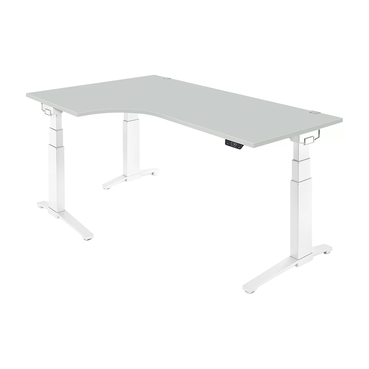 Schäfer Shop Genius Schreibtisch ERGOSTYLE S, 90°, Ansatz links, elektrisch höhenverstellbar, C-Fuß, zweistufig, B 2000 x T 800 x H 645-1305 mm, inkl. Memory Master, lichtgrau/weiß