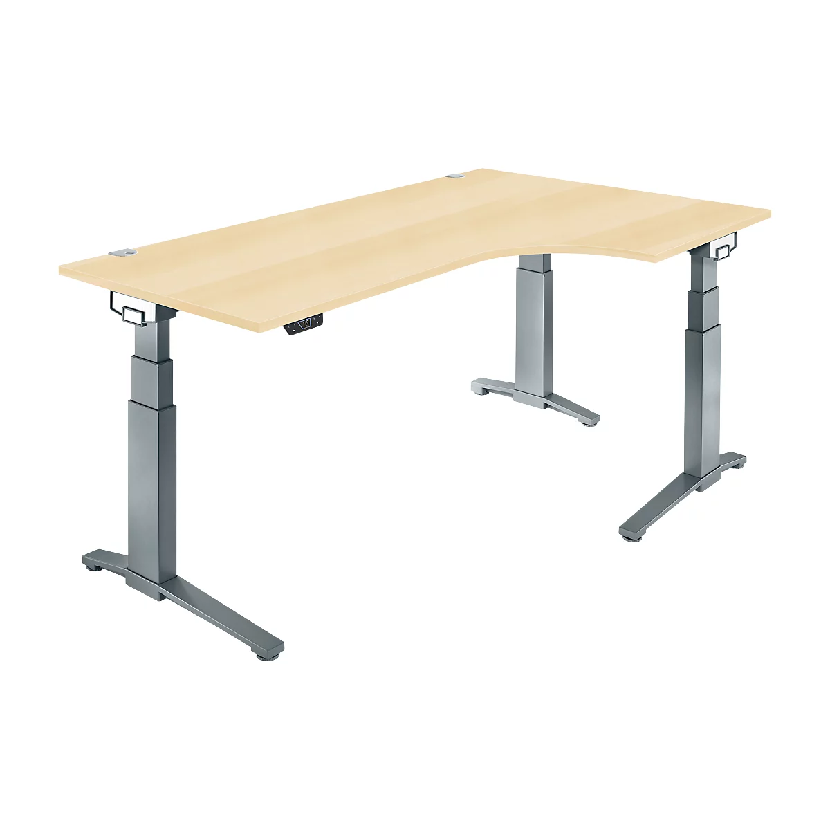 Schäfer Shop Genius Schreibtisch ERGOSTYLE S, 90°, Ansatz rechts, elektrisch höhenverstellbar, C-Fuß, zweistufig, B 2000 x T 800 x H 645-1305 mm, inkl. Memory Master, Ahorn/anthrazit