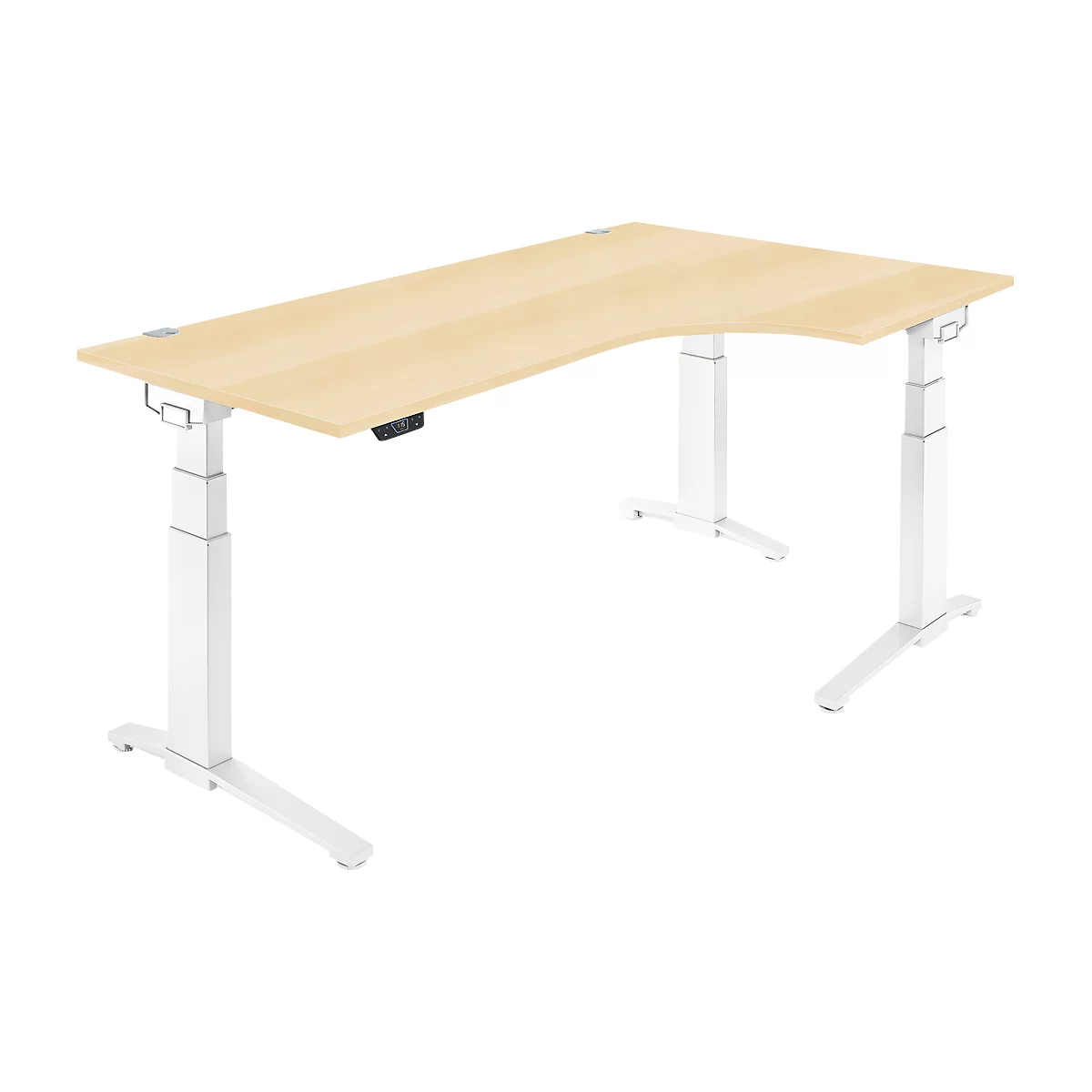 Schäfer Shop Genius Schreibtisch ERGOSTYLE S, 90°, Ansatz rechts, elektrisch höhenverstellbar, C-Fuß, zweistufig, B 2000 x T 800 x H 645-1305 mm, inkl. Memory Master, Ahorn/weiß