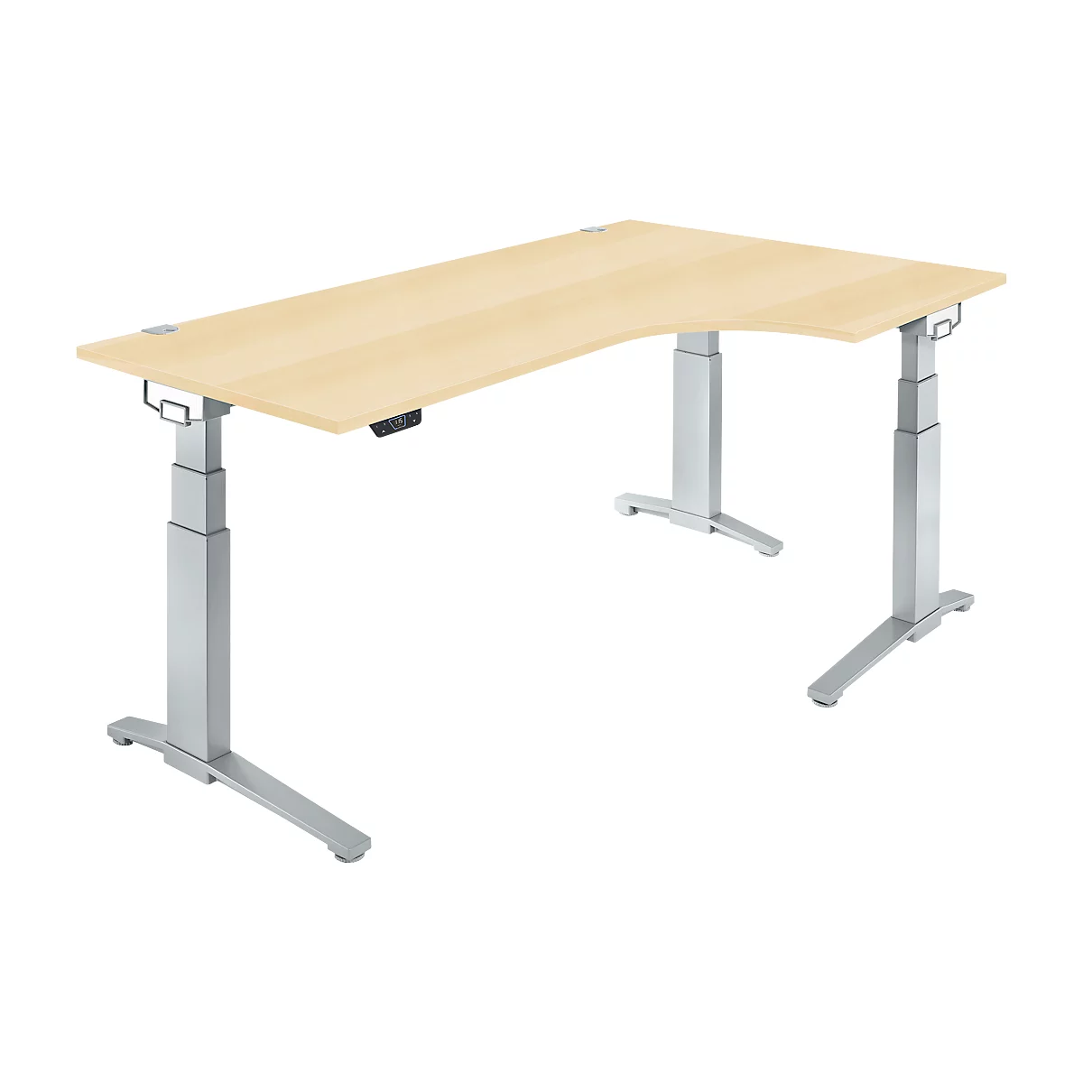 Schäfer Shop Genius Schreibtisch ERGOSTYLE S, 90°, Ansatz rechts, elektrisch höhenverstellbar, C-Fuß, zweistufig, B 2000 x T 800 x H 645-1305 mm, inkl. Memory Master, Ahorn/weißaluminium