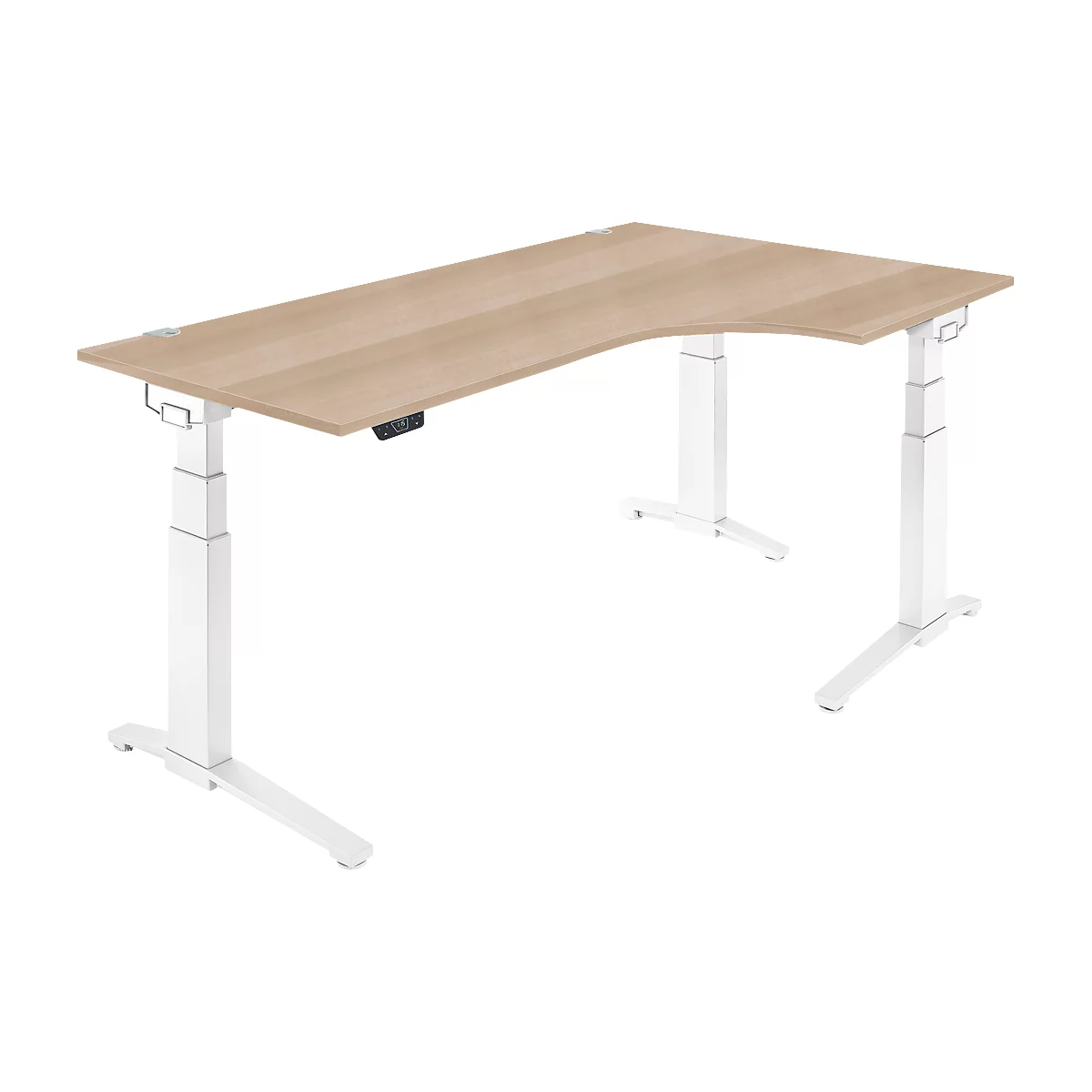 Schäfer Shop Genius Schreibtisch ERGOSTYLE S, 90°, Ansatz rechts, elektrisch höhenverstellbar, C-Fuß, zweistufig, B 2000 x T 800 x H 645-1305 mm, inkl. Memory Master, Eiche/weiß