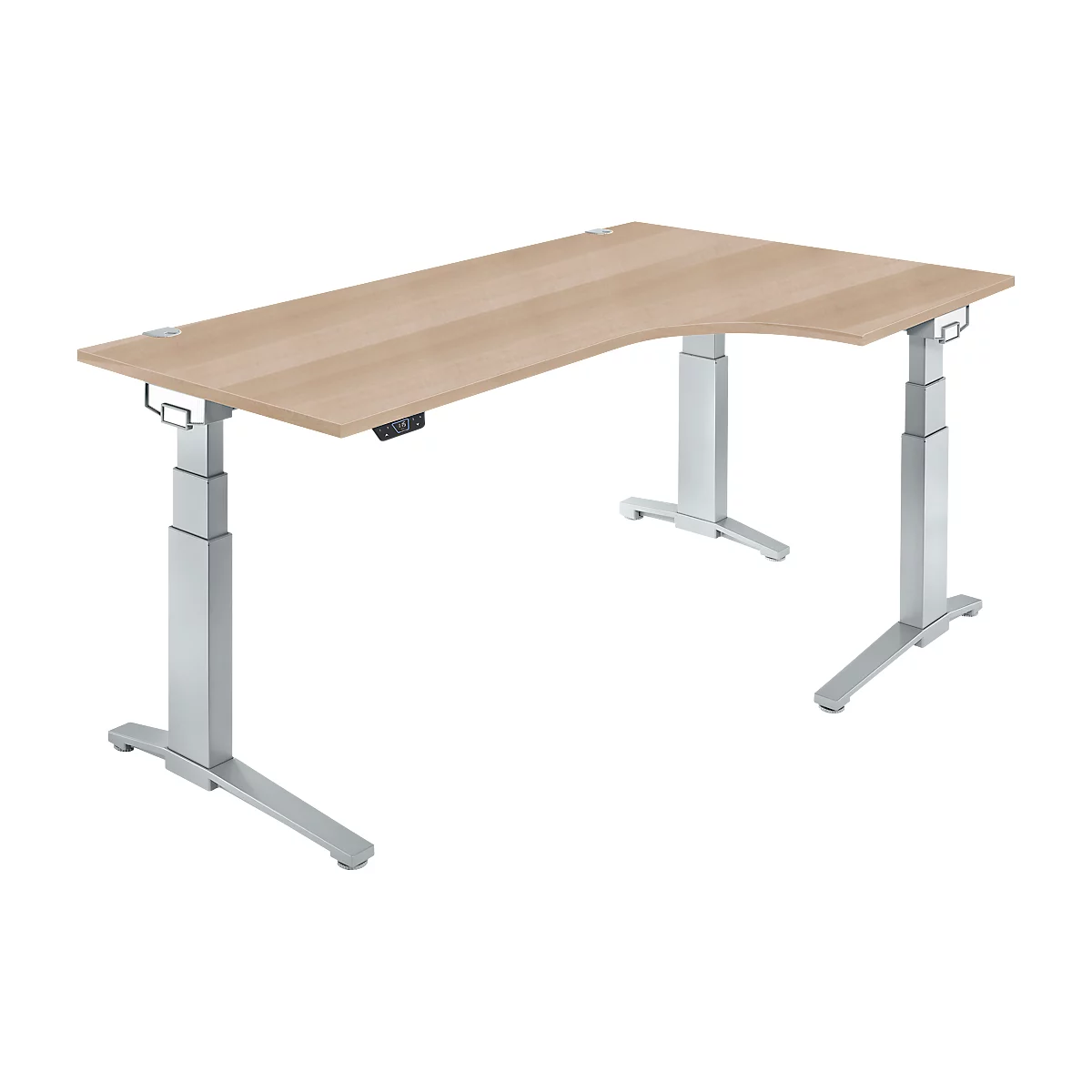 Schäfer Shop Genius Schreibtisch ERGOSTYLE S, 90°, Ansatz rechts, elektrisch höhenverstellbar, C-Fuß, zweistufig, B 2000 x T 800 x H 645-1305 mm, inkl. Memory Master, Eiche/weißaluminium