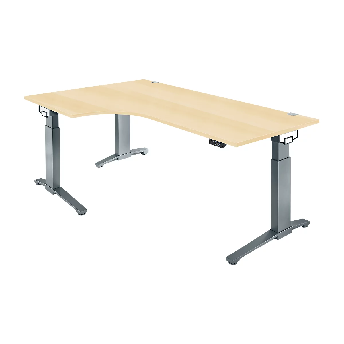 Schäfer Shop Genius Schreibtisch ERGOSTYLE S, 90°, elektrisch höhenverstellbar, Ansatz links, C-Fuß, einstufig, B 2000 x T 800 x H 715 - 1182 mm, inkl. Memory Master, Ahorn/anthrazit