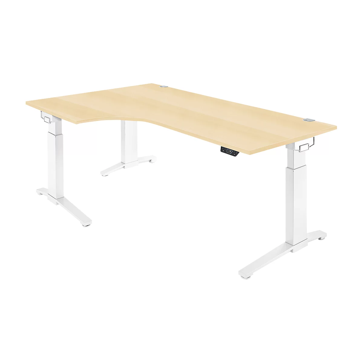 Schäfer Shop Genius Schreibtisch ERGOSTYLE S, 90°, elektrisch höhenverstellbar, Ansatz links, C-Fuß, einstufig, B 2000 x T 800 x H 715 - 1182 mm, inkl. Memory Master, Ahorn/weiß