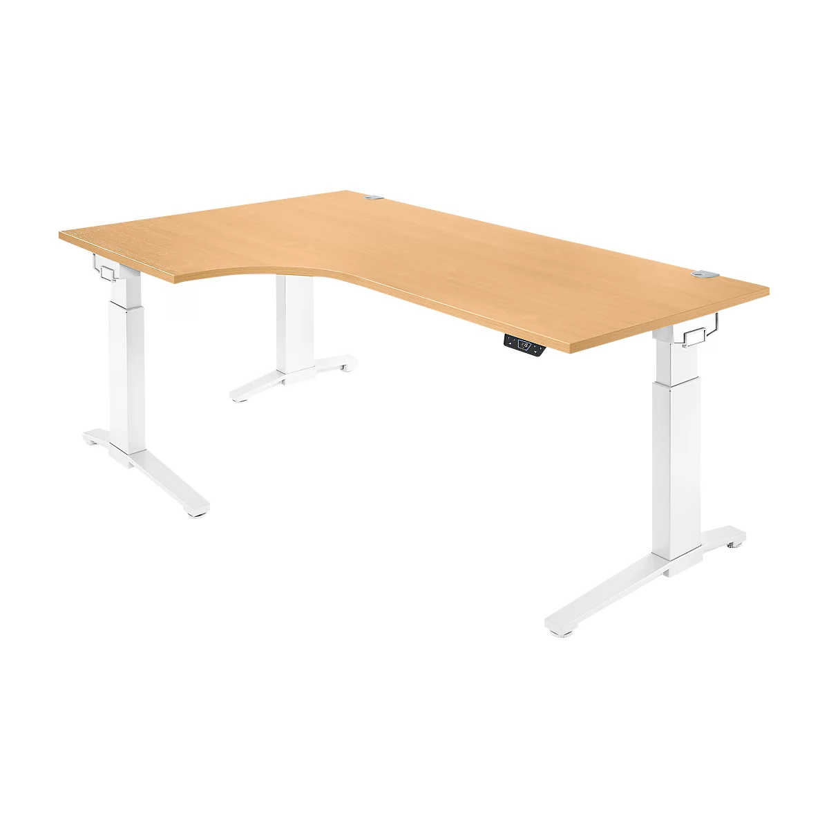 Schäfer Shop Genius Schreibtisch ERGOSTYLE S, 90°, elektrisch höhenverstellbar, Ansatz links, C-Fuß, einstufig, B 2000 x T 800 x H 715 - 1182 mm, inkl. Memory Master, Buche/weiß