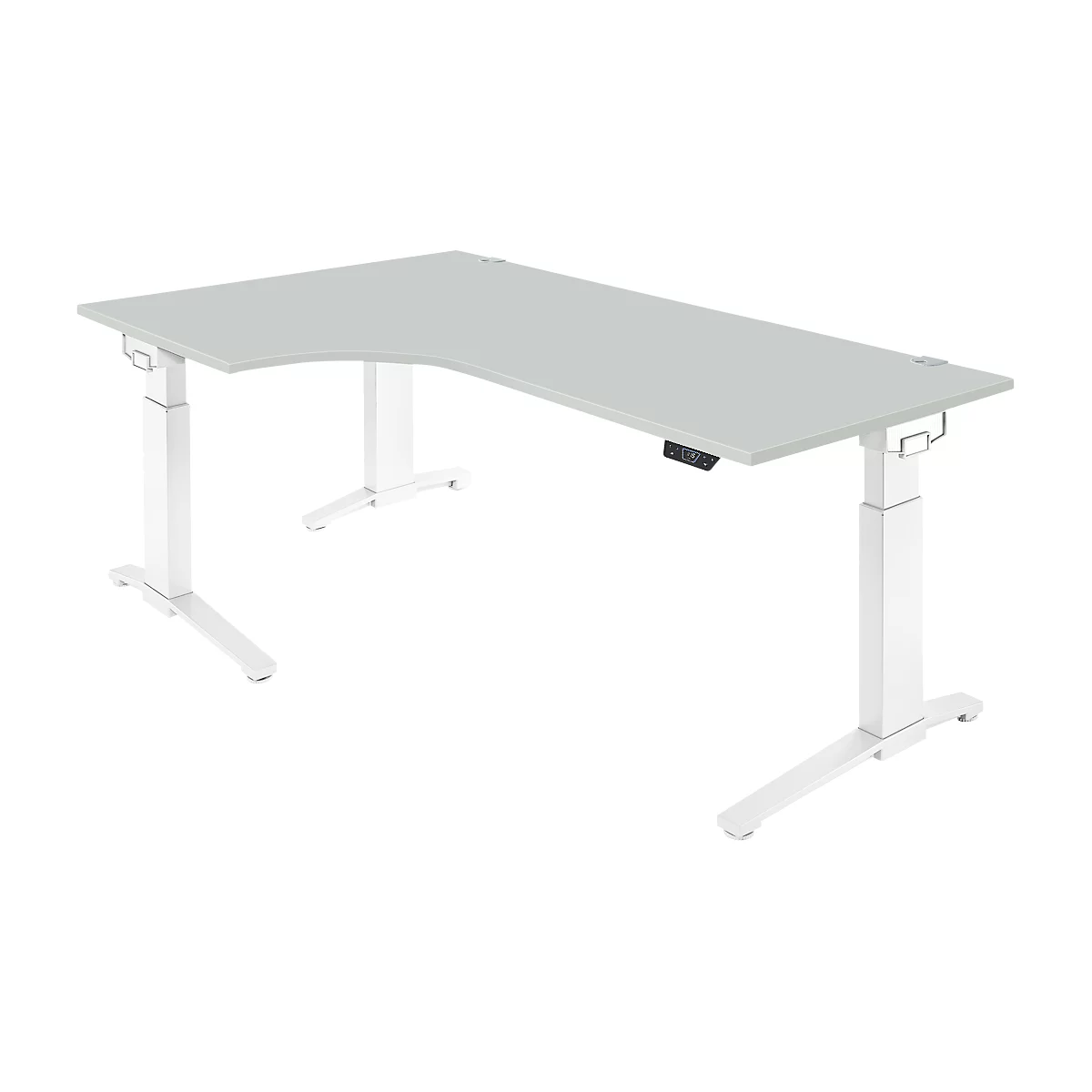 Schäfer Shop Genius Schreibtisch ERGOSTYLE S, 90°, elektrisch höhenverstellbar, Ansatz links, C-Fuß, einstufig, B 2000 x T 800 x H 715 - 1182 mm, inkl. Memory Master, lichtgrau/weiß