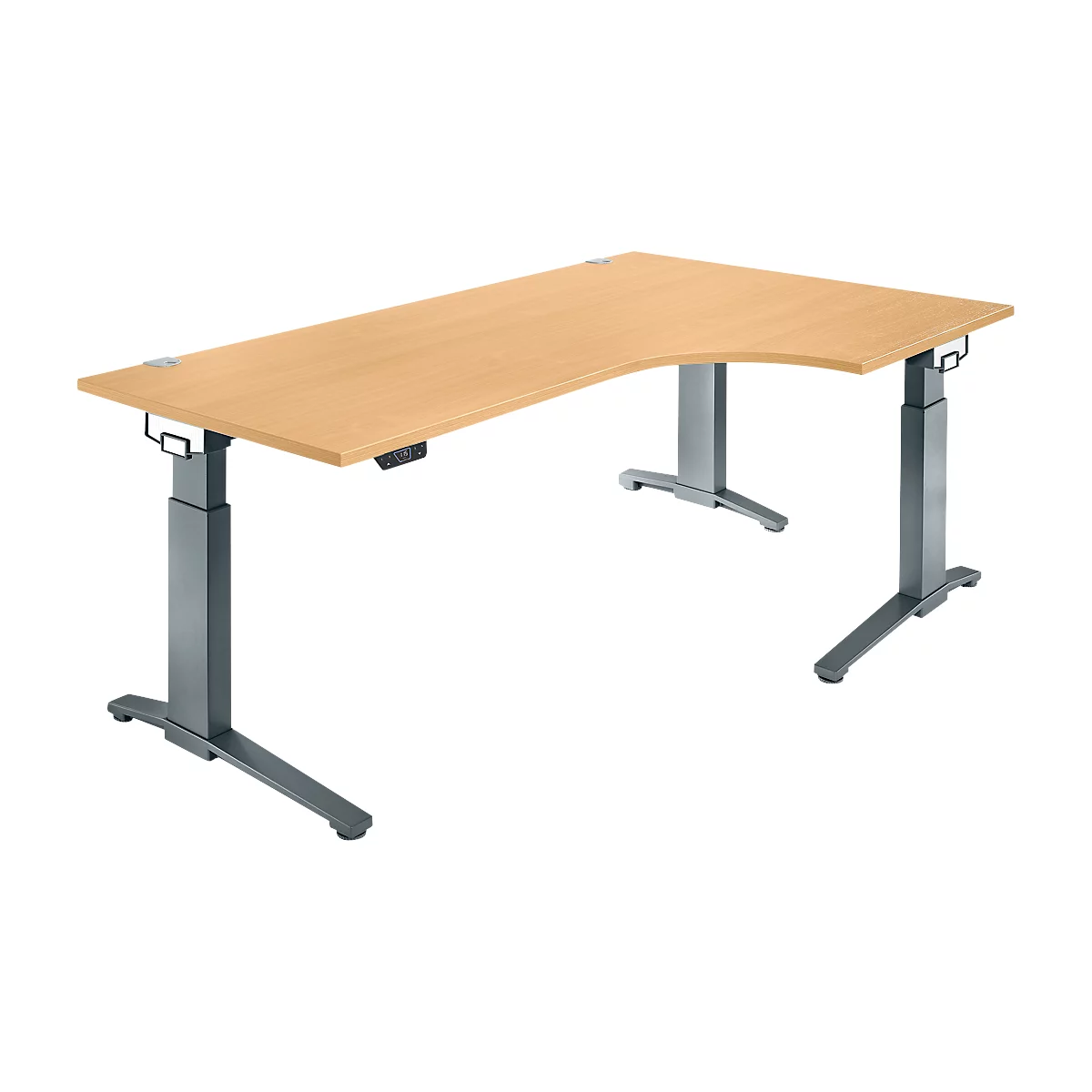 Schäfer Shop Genius Schreibtisch ERGOSTYLE S, 90°, elektrisch höhenverstellbar, Ansatz rechts, C-Fuß, einstufig, B 2000 x T 800 x H 715 - 1182 mm, inkl. Memory Master, Buche/anthrazit