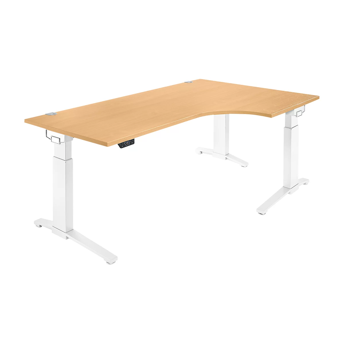 Schäfer Shop Genius Schreibtisch ERGOSTYLE S, 90°, elektrisch höhenverstellbar, Ansatz rechts, C-Fuß, einstufig, B 2000 x T 800 x H 715 - 1182 mm, inkl. Memory Master, Buche/weiß