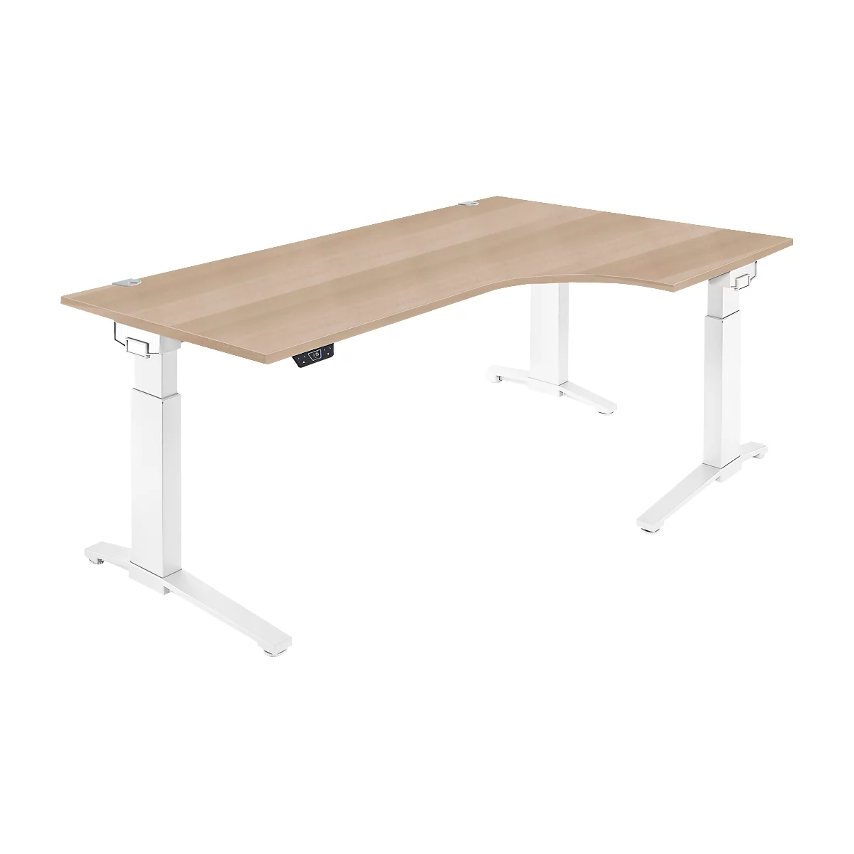 Schäfer Shop Genius Schreibtisch ERGOSTYLE S, 90°, elektrisch höhenverstellbar, Ansatz rechts, C-Fuß, einstufig, B 2000 x T 800 x H 715 - 1182 mm, inkl. Memory Master, Eiche/weiß