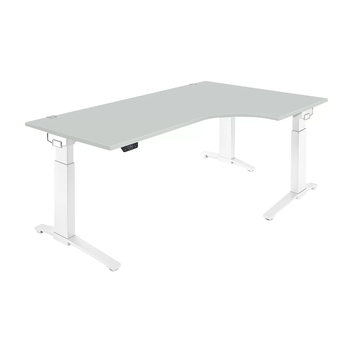 Schäfer Shop Genius Schreibtisch ERGOSTYLE S, 90°, elektrisch höhenverstellbar, Ansatz rechts, C-Fuß, einstufig, B 2000 x T 800 x H 715 - 1182 mm, inkl. Memory Master, lichtgrau/weiß