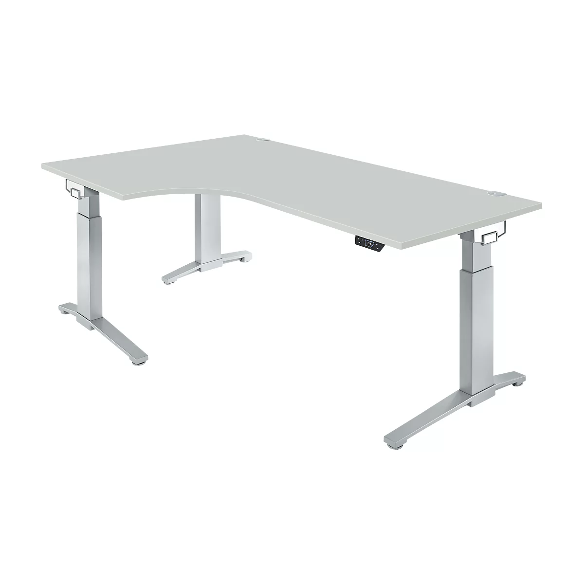 Schäfer Shop Genius Schreibtisch ERGOSTYLE S, 90°, elektrisch höhenverstellbar, einstufig, Ansatz links, C-Fuß, B 2000 x T 800 x H 715 - 1182 mm, inkl. Memory Master, lichtgrau/weißaluminium