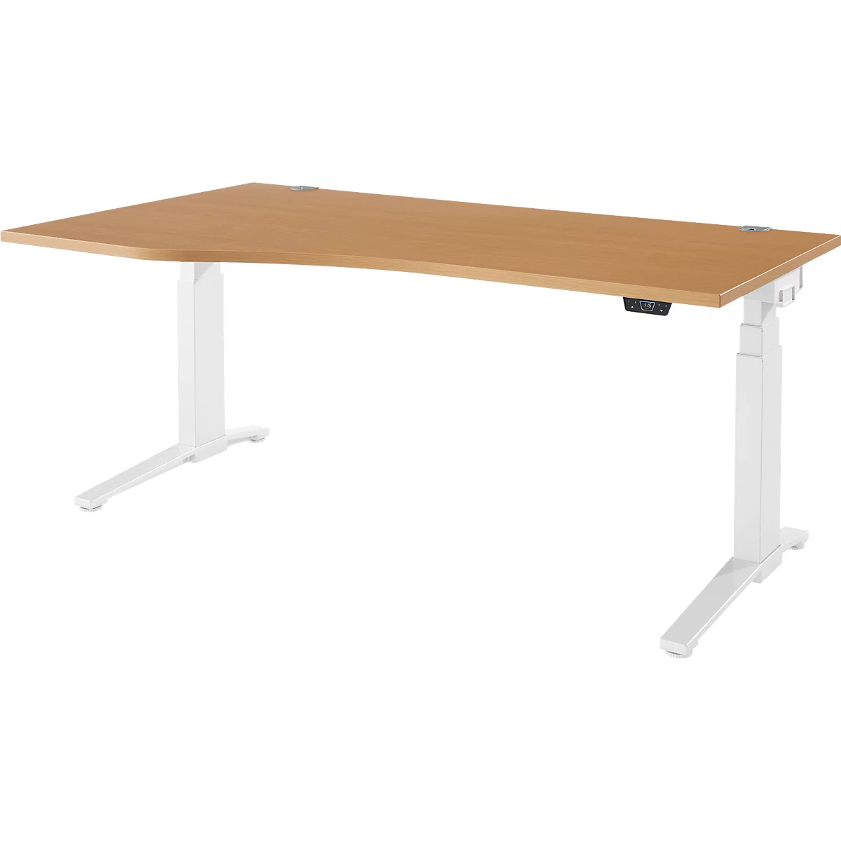 Schäfer Shop Genius Schreibtisch ERGOSTYLE S, elektrisch höhenverstellbar, Ansatz links, zweistufig, C-Fuß, B 1800 x T 800/1000 x H 645-1305 mm, inkl. Memory Master, Buche/weiß