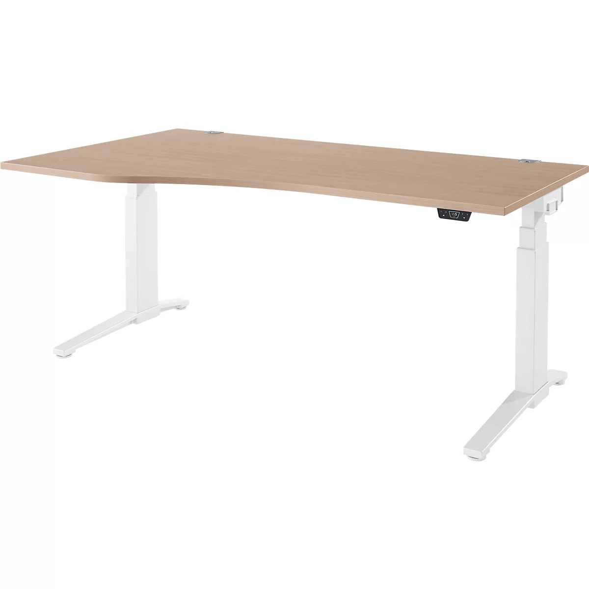 Schäfer Shop Genius Schreibtisch ERGOSTYLE S, elektrisch höhenverstellbar, Ansatz links, zweistufig, C-Fuß, B 1800 x T 800/1000 x H 645-1305 mm, inkl. Memory Master, Eiche/weiß