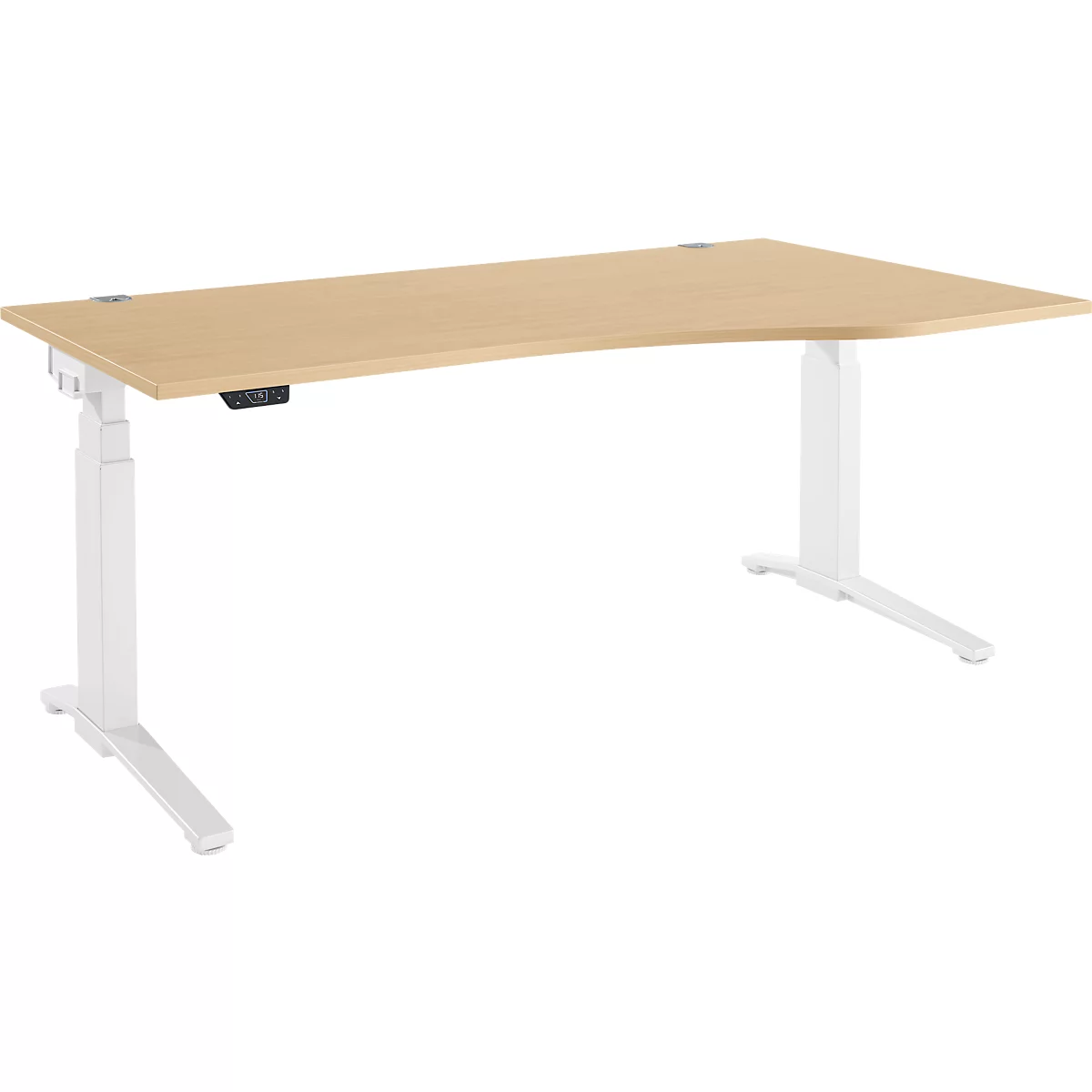 Schäfer Shop Genius Schreibtisch ERGOSTYLE S, elektrisch höhenverstellbar, Ansatz rechts, zweistufig, C-Fuß, B 1800 x T 800/1000 x H 645-1305 mm, inkl. Memory Master, Ahorn/weiß