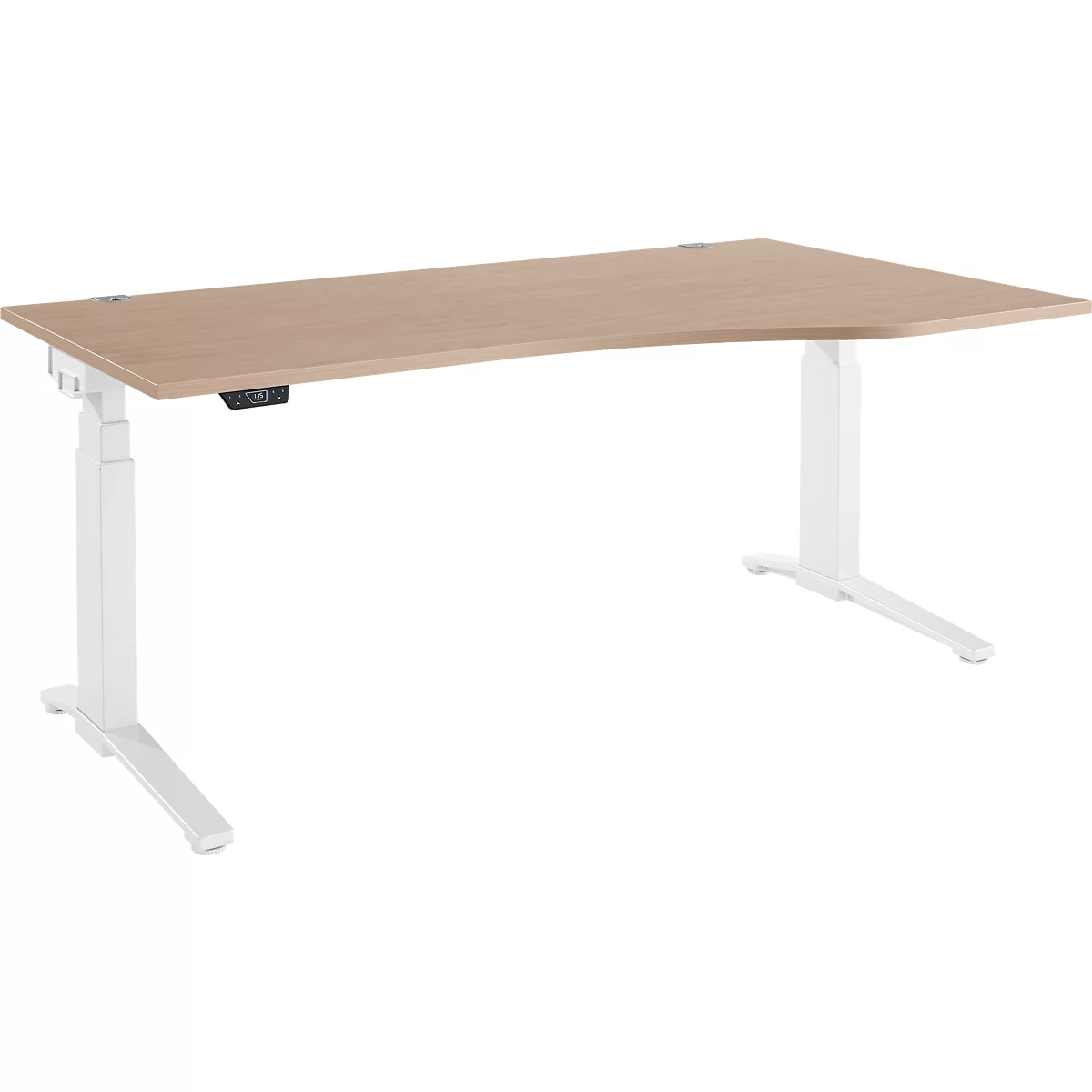 Schäfer Shop Genius Schreibtisch ERGOSTYLE S, elektrisch höhenverstellbar, Ansatz rechts, zweistufig, C-Fuß, B 1800 x T 800/1000 x H 645-1305 mm, inkl. Memory Master, Eiche/weiß